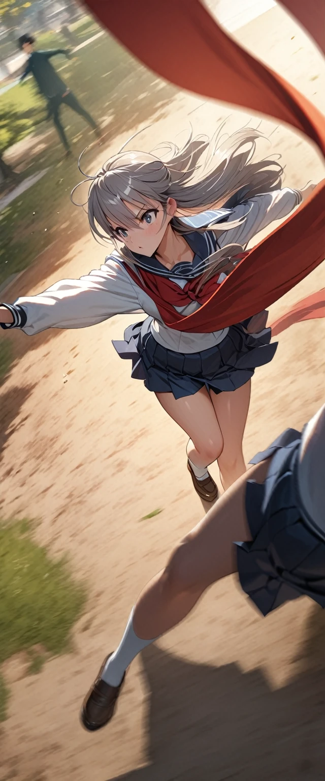 ((Masterpiece, top quality, high resolution)), ((highly detailed CG unified 8K wallpaper)), ((close up of Japanese high school girl dancing ))), High school sailor uniform with red scarf, urban park morning scene, (short skirt, long sleeved sailor uniform, white socks), detailed skin, visible thighs, dynamic composition, speedy, ((motion blur, background blur)), (view from above:1.5),