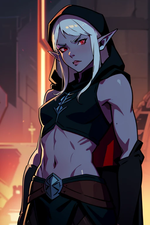 Ogre,horns, pink skin with red tattoo, pointy ears, long white hair, pony tail, bangs, tail above buttocks, red eyes, muscular, tube top, underwear, fur trim, standing, campfire, nighttime, upper body, hands on hips, (insanely detailed, beautiful detailed face, masterpiece, best quality),
