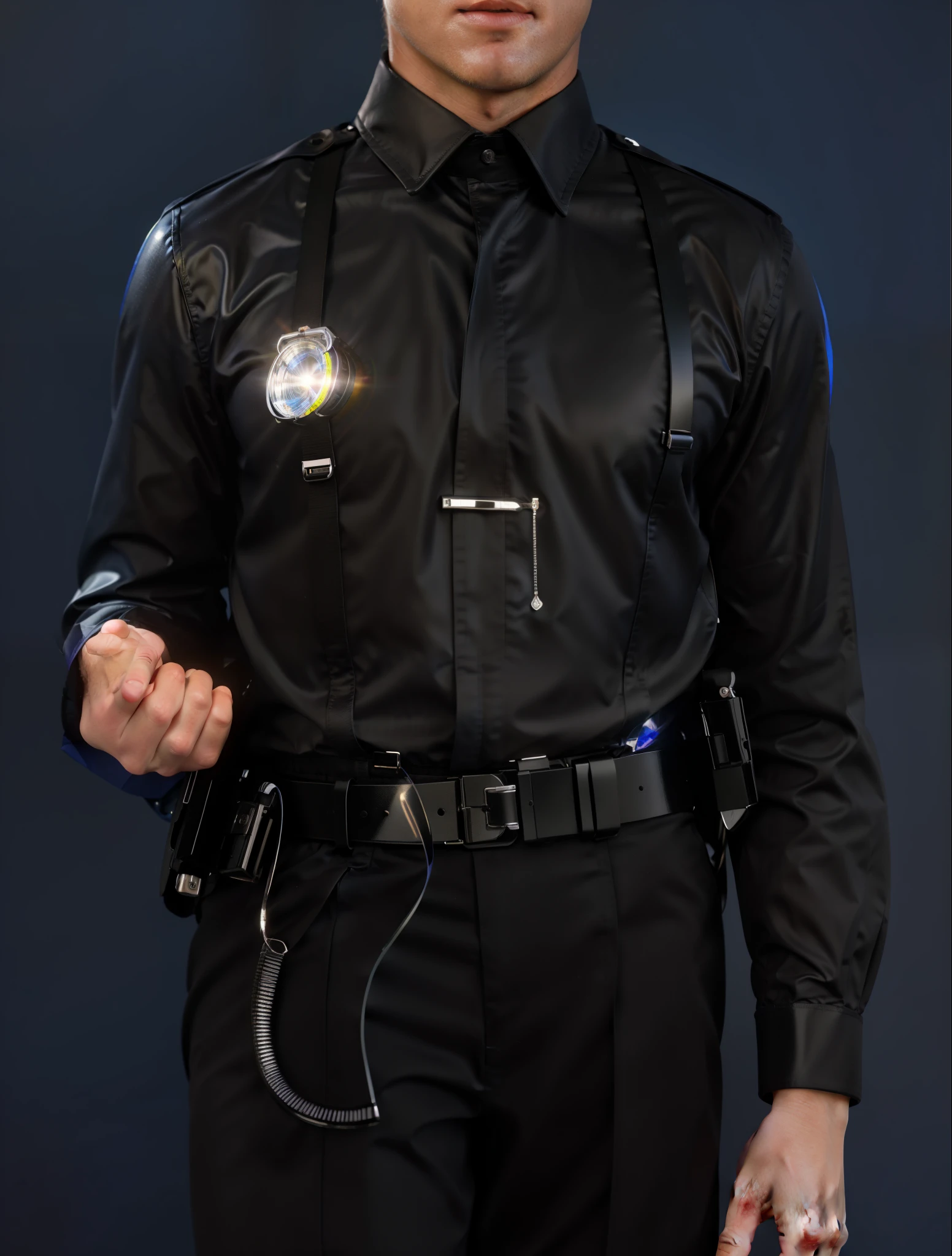 A male police officer wearing a black shirt and a utility belt, holding a walkie-talkie., and a police badge. glossy texture, smooth 3d model, multiple light sources, rim light, sharp post effects render, (glossy plastic texture with multiple big light probe refractions), perfect cgi, smooth silhouette, high intensity refraction, (super glossy material), most beautiful vfx, blue background, plastic refractions, realistic, 4k, high resolution, rim light, photo shoot, commercial photo, profile shot, 4k, rim light, high resolution, 4k, glossy texture, smooth 3d model, multiple light sources, rim light, sharp post effects render, (glossy metallic texture with multiple big light probe refractions), perfect cgi, cgi art created only with gradients, smooth silhouette, high intensity refraction, (super glossy chrome material), most beautiful vfx, blue background, chrome metal refractions, multiple light sources, rim light, sharp post effects render, perfect cgi, digital art, detailed digital art, reflective, best quality, 4k, masterpiece:1.2, ultra-detailed, realistic, vivid colors, dark and moody lighting, The image of the highest quality, ensuring every detail showcased perfectly. It in 4k resolution, allowing viewers to immerse themselves in the richness of the colors and intricate details. The realistic rendering. under the spotlight, reflecting, high-resolution image, realistic rendering, dark background, and rim light photorealistic