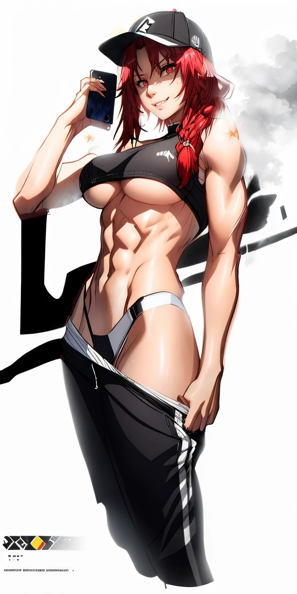 iris midgar, red hair, long hair, braid, red eyes, anatomically correct, heavy breathing, female, 1girl, abs, solo, breast muscle, muscular_female, holding phone, phone, cellphone, smile, large_breasts, undecropped_legs, baseball_cap, jogger pants, navel, cleavage_cutout, pubpeek, "glow effects, godrays, Hand drawn, render, 8k, octane render, cinema 4d, blender, dark, atmospheric 4k ultra detailed, cinematic, Sharp focus, big depth of field, Masterpiece, colors, 3d octane render, 4k, concept art, trending on artstation, hyperrealistic, Vivid colors, extremely detailed CG unity 8k wallpaper, trending on CGSociety, Intricate, High Detail, dramatic", sweating, steaming body, fog, (shaded face:1.2), hollow eyes, red eyes, looking at viewer, (heavy breathing:1.2), smirk, upper teeth, lips, glowing eyes, nsfw