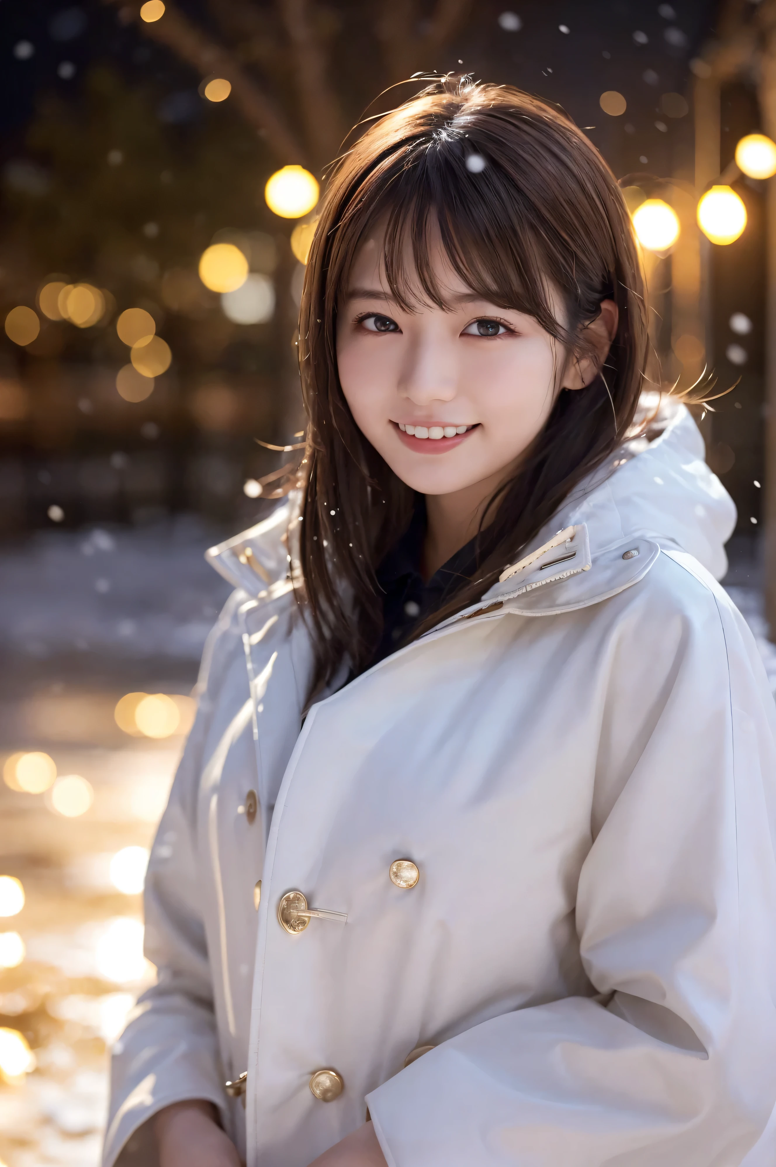 1 girl, (wear a platinum coat:1.2), (RAW Photos, highest quality), (Realistic, Photorealistic:1.4), Tabletop, Very delicate and beautiful, Very detailed, 2k wallpaper, wonderful, finely, very detailed CG Unity 8k wallpaper, Very detailed, High resolution, Soft Light, Beautiful detailed girl, Very detailed目と顔, Beautiful and detailed nose, finely beautiful eyes, Cinema Lighting, Illuminations that light up the city on a snowy night, Snow Scene, that'it's snowing, snow fell in my hair, Perfect Anatomy, Slender body, Was nervous,
Straight semi-long hair, bangs, Looking at the audience, smile