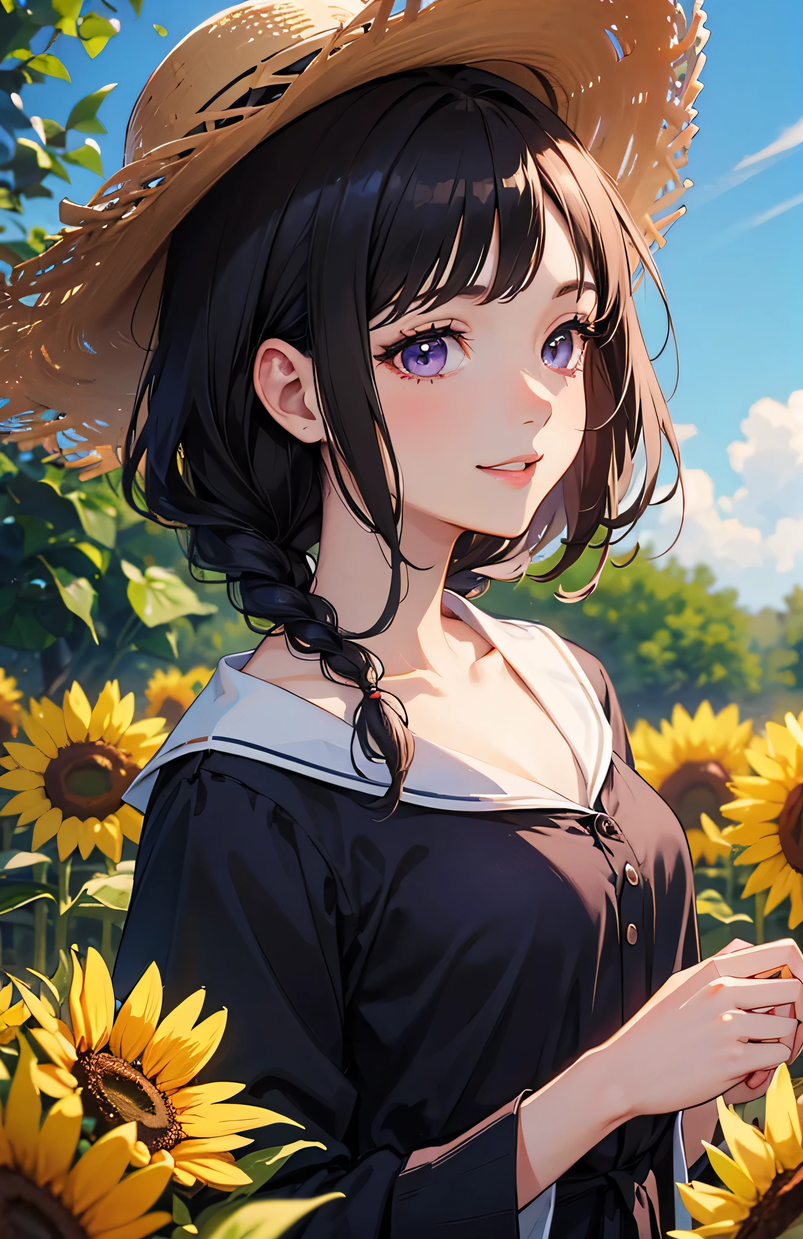 masterpiece、highest quality、High resolution、High-quality images、8k, 1 female、Skin Radiance、Texture of skin and clothing、Expression of fine eyes、Shiny black hair,Girl with long braided hair, Manga inspired by Lee Jong-suk, Trending on deviantart, realism, detailed manga style, Manga art style, Perfect Line Drawing, Beautiful line art, digital manga art girl, K-POPアイドル, one piece,big breasts,beautiful purple eyes, Lips become thicker, Gorgeous face with attention to detail, (Cute Smile), charm, Innocent, Side view, (Perfectly detailed face), (Beautiful Hands) photorealistic images, Written boundary depth, Princess Hairstyles, sunflower, Straw hat,one piece,wonderful flower garden,Beautiful sunflower,Romanticism,