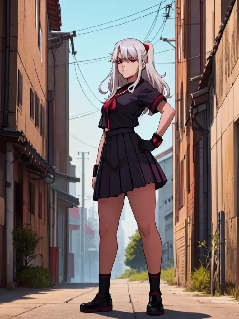 cartoon, sukeban illyasviel_von_einzbern, mature_female, silver hair, holding yoyo, combat pose, full body, flowing hair, hair between the eyes, asymmetrical hair, red eyes, delicate facial features, sukeban deka clothe, looking_at_viewer, outdoors, background tokyo, ((solo girl:1,5))+++++,woman in a 80's sukeban seifuku standing on a set of strees, black , 80's japanese sukeban photo, sukeban seifuku, 80's japan, sukeban, long black skirt, red converse, full body, light skin tone female, full body, tape, arm_support, gloves, red_gloves, bridal gauntlets, blackred_footwear, fighter outfit, full body, hourglass, mature face, cheeky smile, cheeky face, wrinkles,( silver long hair, earrings, ear piercings), (fighting art, Martial arts, standing, fighting_stance, fight, fighting), extra colors, 2D, megapixel, perfectionism, accent lighting, full HD , 4K, masterpiece, empty red eyes, extra colors, 2D, megapixel, perfectionism, accent lighting, full HD , (Masterpiece:1.2), (full-body-shot:1),(cowboy shot:1.2), (Highly detailed:1.2),(anime Detailed Face:1.2), Colorful, A detailed eye, (Detailed landscape:1.2), (natural lighting:1.2), ((sukeban school teacher)) by Vincent Di Fate: Aidyllery, Anamorphic Shot, rule of thirds, face by Artgerm and WLOP, ((street of rage 4 city backround)), fictive city backround in the style art of street of rage 4,