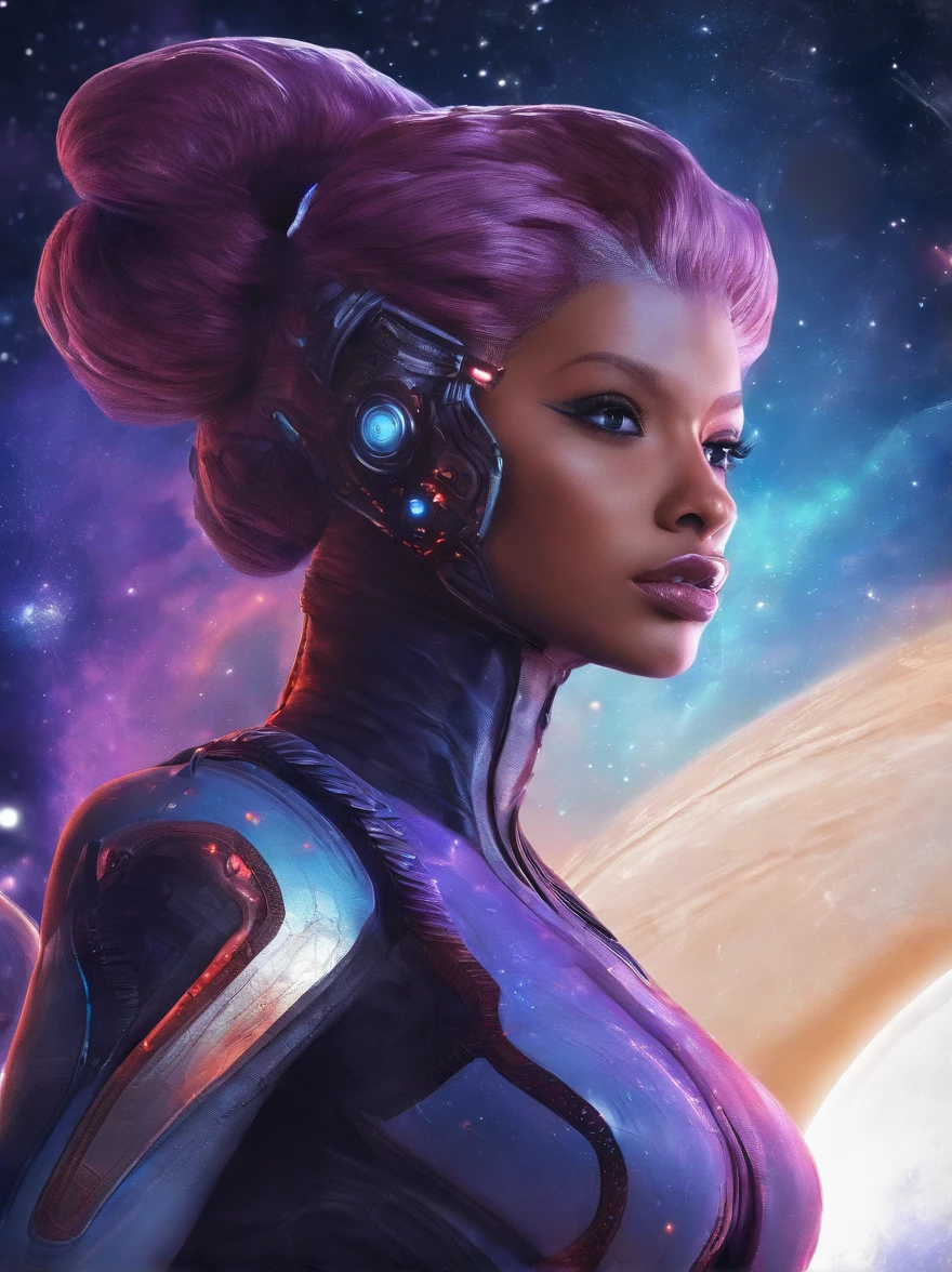 pretty, junge Asari, Hair tentacle-like, Skin color bluish, Mass Effect, Citadel, in einem Raumanzug, im Weltraum schwebend , Planet surface in the background