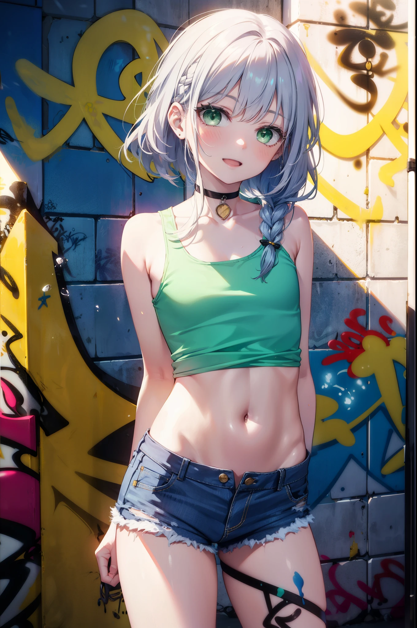 index, index, (Green Eyes:1.5), Silver Hair, Long Hair, (Flat Chest:1.2),happy smile, smile, Open your mouth,short braided hair,Headlock,Yellow Headband Belly Button Tank Top,Denim shorts, choker, (graffiti:1.5), Paint splashes, Put your arms behind your back, Against the wall, Looking at the audience , Thigh straps, Tilt your head, was bored,break outdoors, alley,break looking at viewer, (Cowboy Shot:1.5), break (masterpiece:1.2), highest quality, High resolution, unity 8k wallpaper, (shape:0.8), (Beautiful and detailed:1.6), Highly detailed face, Perfect lighting, Highly detailed CG, (Perfect hands, Perfect Anatomy),
