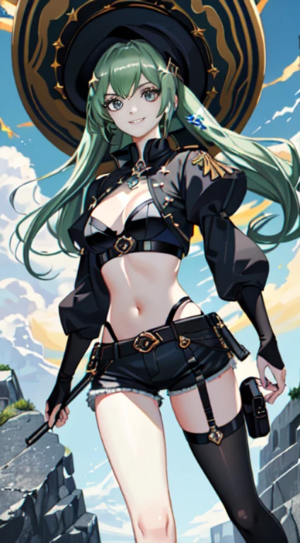 ((1 mulher pirata, cinto nos seios, calcinha filtrada, bare breasts, skull tattoo on face)),((medium breasts)),((pelos pubianos muito grandes)),((Cabelo verde grande)),(( olhos azuis, sorrir)),((de frente para o espectador)),((em um navio pirata, no mar durante o dia)),