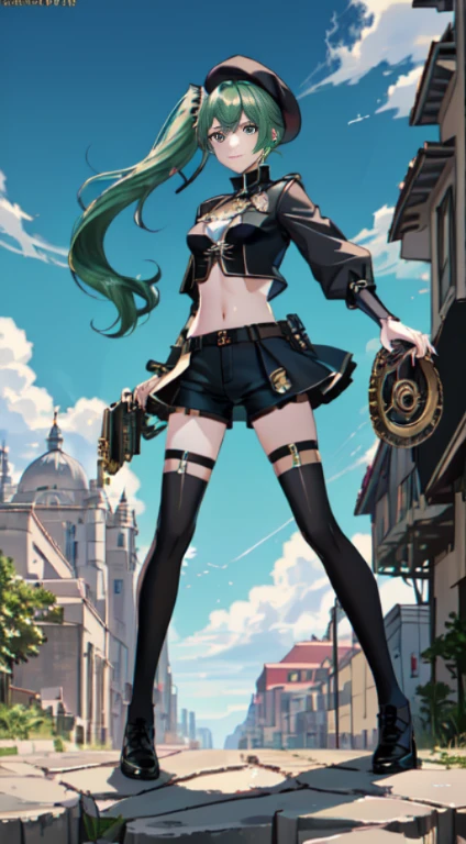 corset, <lora:Amazing-Corsets-V1:1>, cityscape, city, cloud, scenery, skyscraper, building, cloudy sky, sky, long hair, from behind, outdoors, bird, ruins, 1girl, sunlight, tower, facing away, city lights, green hair, water, sunbeam, light rays, bridge, post-apocalypse, tree, backpack, very long hair, lens flare, knee boots, mountain, river, waterfall, white hair, solo, weapon, skyline, rainbow, neon trim