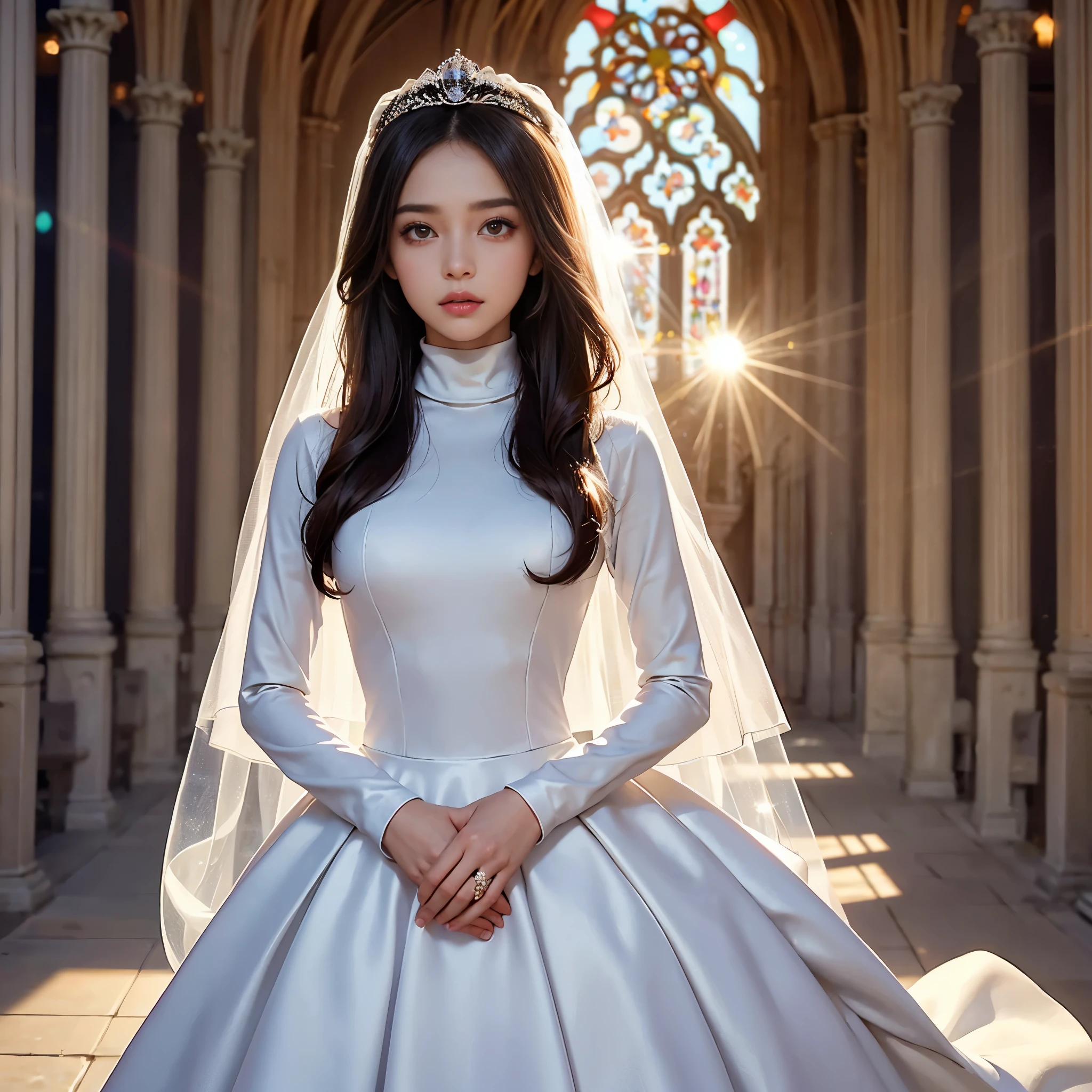 best quality, masterpiece, 1 girl, yak, cute , shiny lips, sweet, sun glare, Conservative attire, turtleneck wedding dress, Bridal tiara, depth of field, blurred background, Cathedral Background, light particles, strong wind, long hair, head tilt