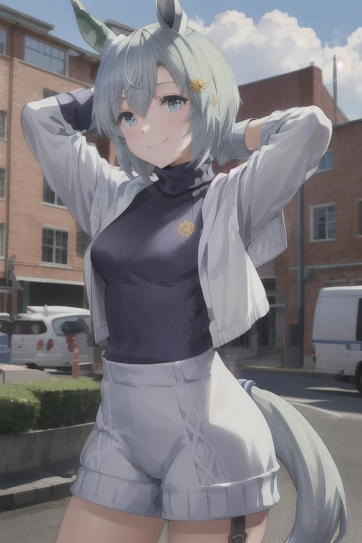 masterpiece,best quality,highres,ultra-detailed,aasajuna,Seiun Sky (umamusume),(sweater:1.2),(turtleneck:1.2),street,smile,standing,cowboy shot,arms_behind_back,