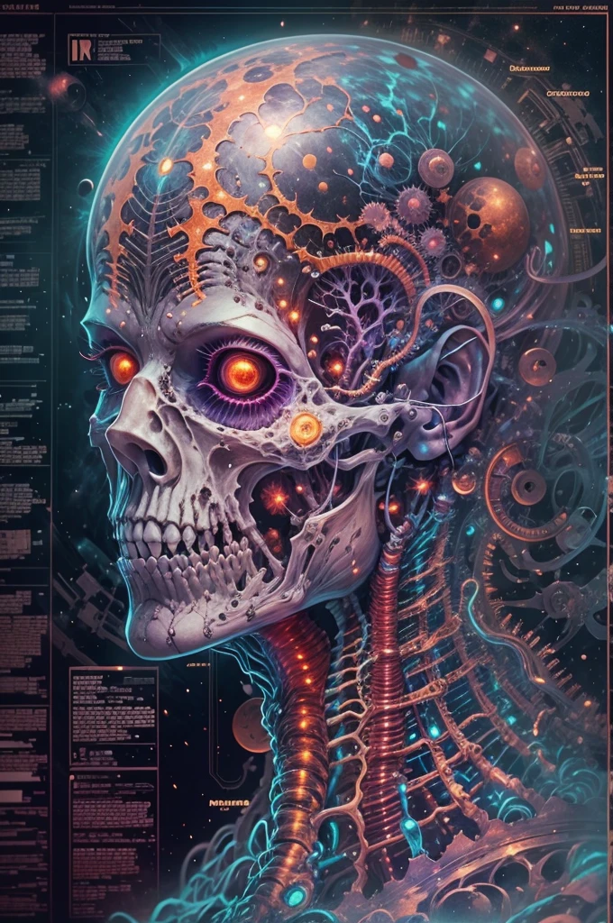 Fantasy00d Technical Diagram, Info graphic, Charts, of A Cosmic Anatomical Human Zombie Head, horror theme, Info Graphic, Scientific, Data Diagram, Nervous System, Galaxy, Vibrant Colors, Midnight Aura, Ultra Detailed, H.R. Giger, Max Ernst, Thomas Kinkade, Robert Gonsalves, dark background