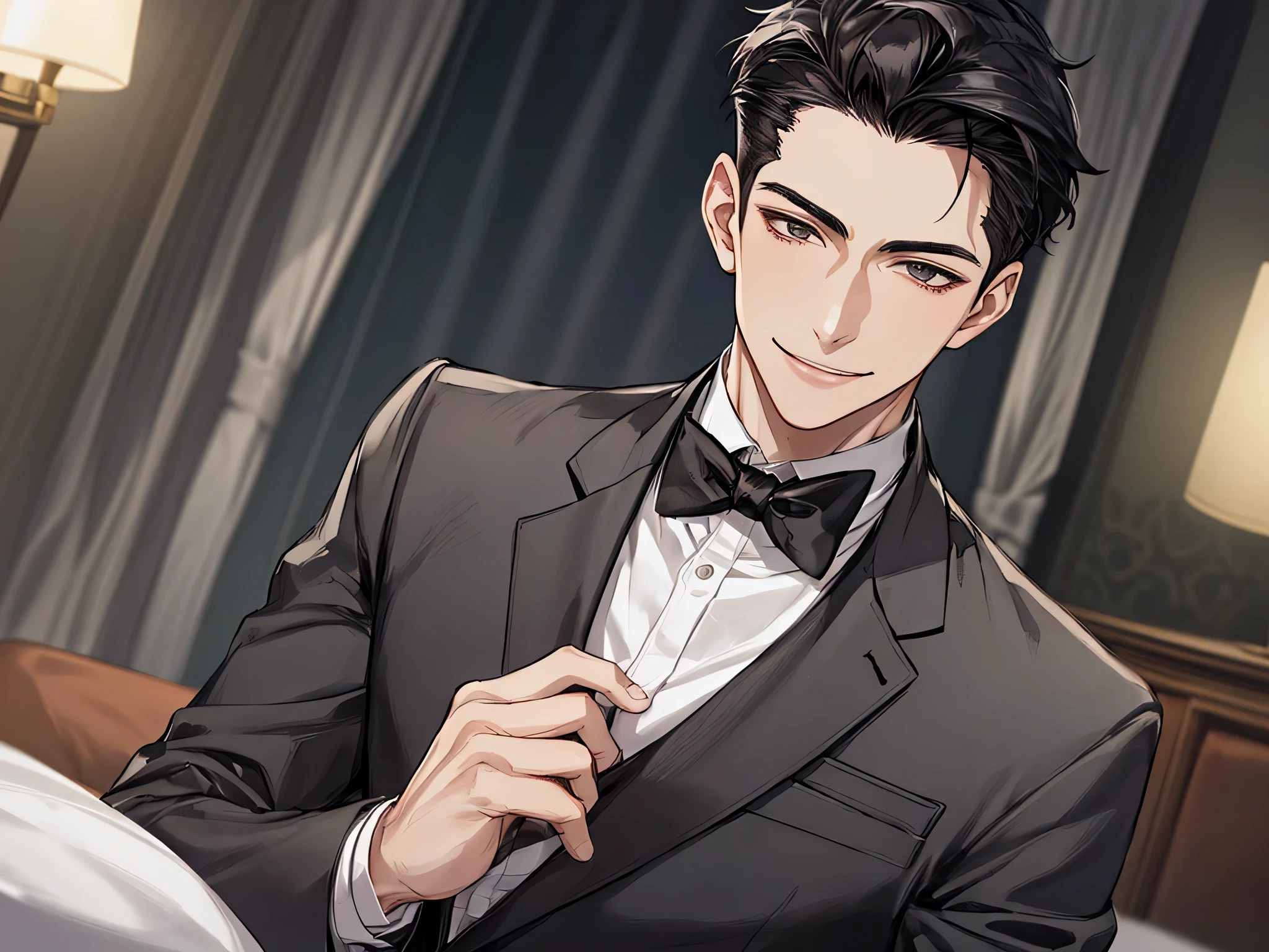 Butler.,one person,(solo)30th Generation,male,Dynamic Angle,Black-haired,Short Hair,Upper Body,Black suit,hair slicked back,,A bow tie,Face close-up,Horny,smile,Hotel room bed、(night)