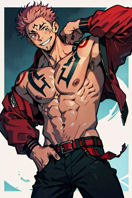 (masterpiece, best quality:1.2), cowboy shot, solo, male focus, 1boy, sukuna, smile, wearing black and red jacket, tattoo_on_his_face, tattoo_ryoumen, hands in a pocket, pink hair,