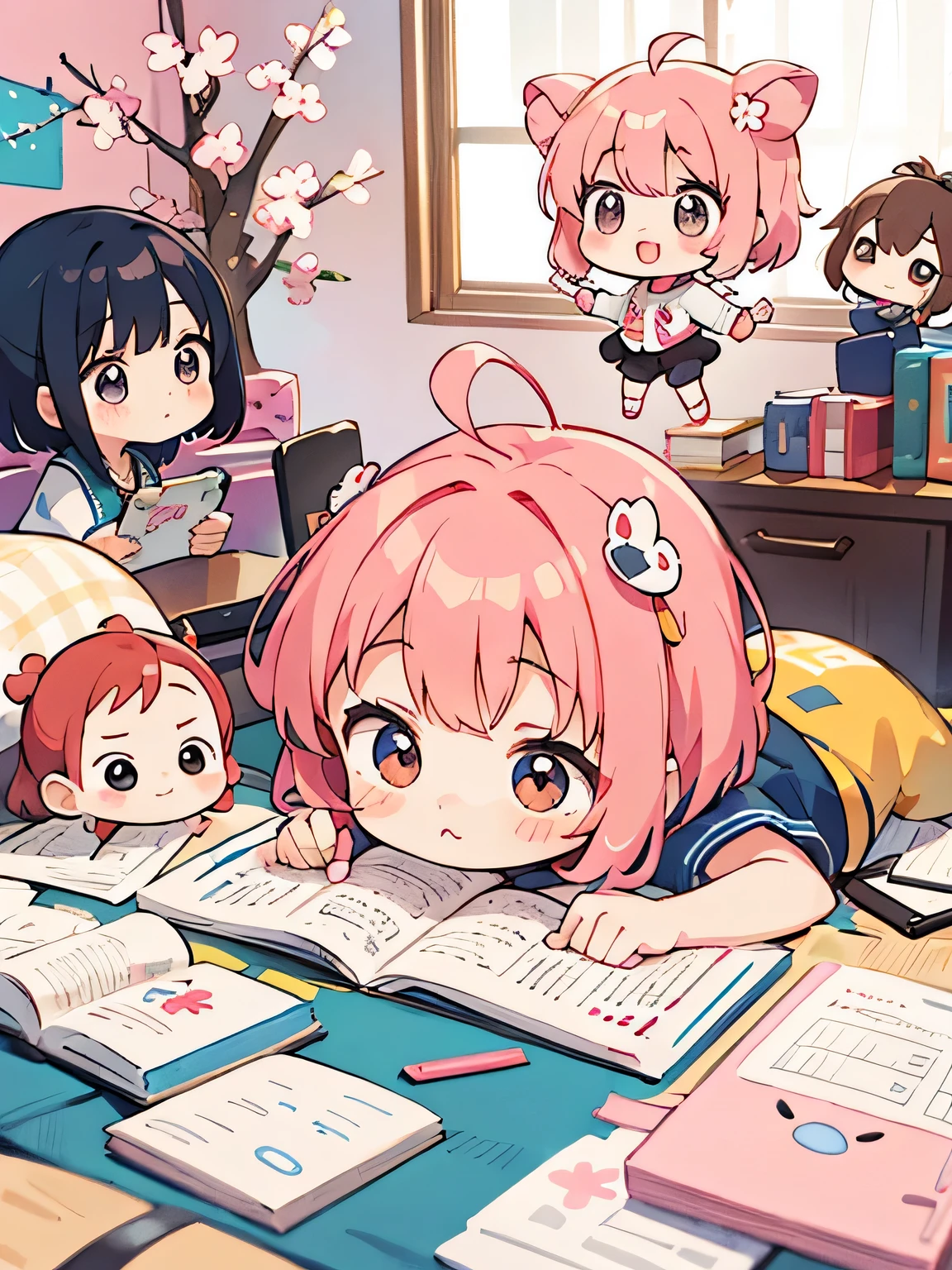 Momoko Sakura style, Kawaii Design, (((10 people)))、most beautiful girl ever、(((Chibi))), Colorful bob hair、((Lots of friends))、children&#39;s room、Study session together
