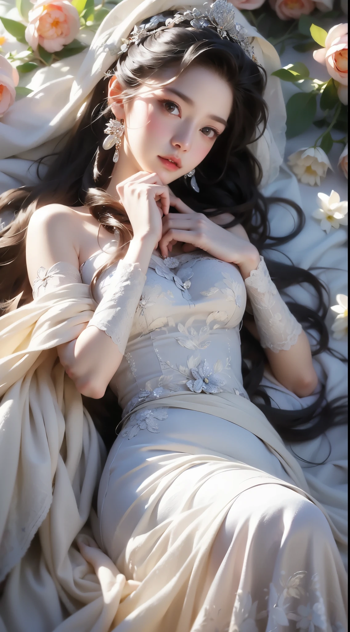 (bestquality、A masterpie:1.2)、Ultra High Res、lifelike、Front lighting、with intricate details、Exquisite details and textures、1girl、solo、(young)、Facial Highlights、fulllllbody、Detailed face、Teardrop mole、White Skin、Silver hair、ponytails、Braid hair、Watch your audience、s big eyes、Silk robes、(Hollow pattern、WHITE、silk)、ear ring、tiny breasts、Slim body、Luxurious room、professional Lighting、Photon mapping、 Radiosity、physically based rendering、(((pull up skirt、White lace panties visible))