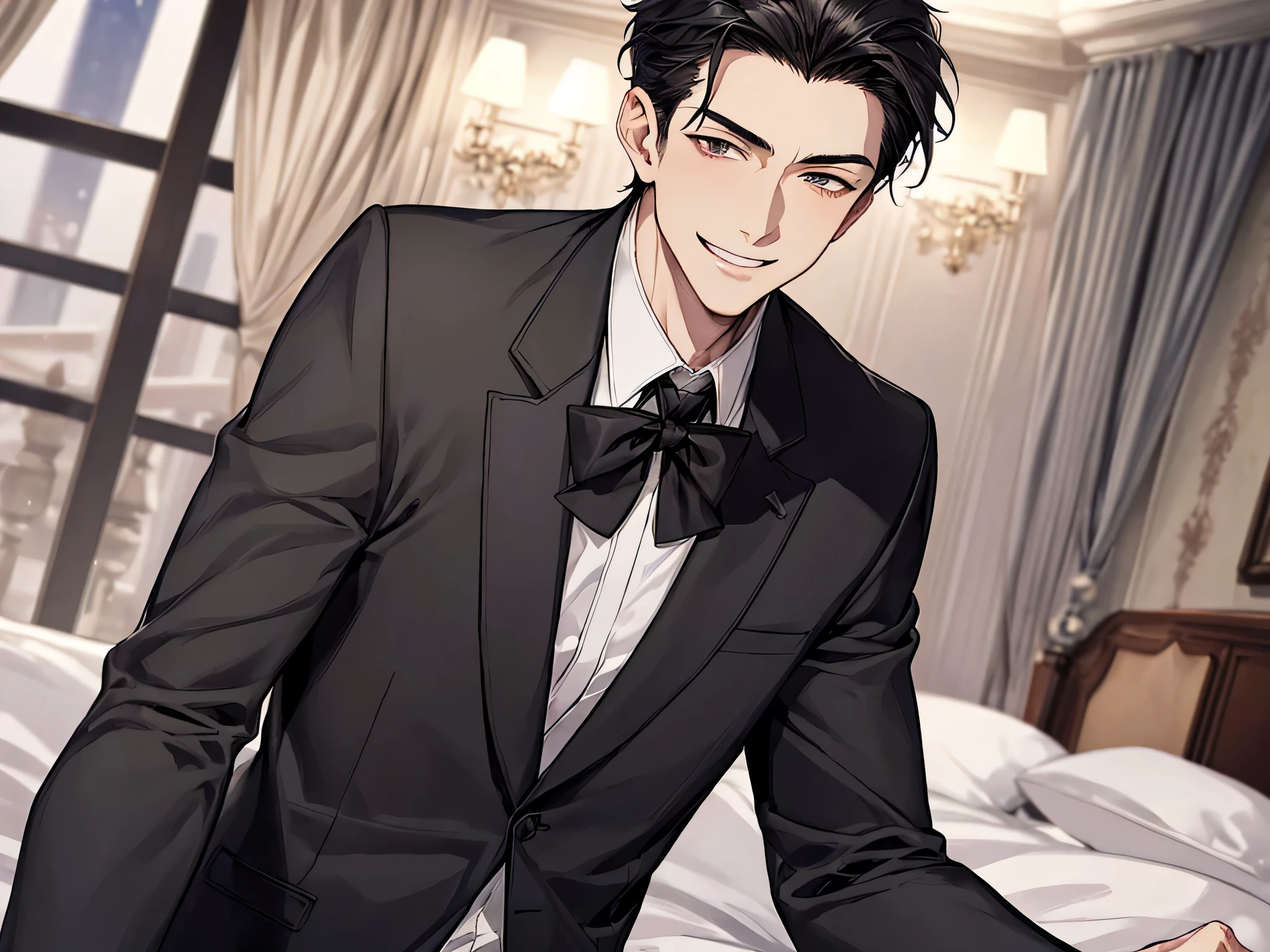 Butler.,one person,(solo)30th Generation,male,Dynamic Angle,Black-haired,Short Hair,Upper Body,Black suit,hair slicked back,,A bow tie,Face close-up,Horny,smile,Hotel room bed、(night)