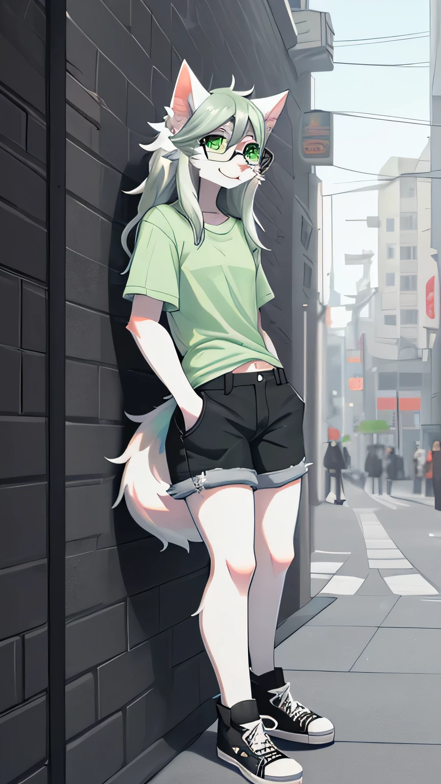 Solo:1.2, By claweddrip, by hyattlen, by fumiko, a cute female gray wolf, long hair, white green hair, green eyes, long white whiskers, cute gray tabby wolf ears, gray tabby wolf tail, tall, slender, wearing Jean shorts, absolute territory, scuffed black converse shoes, green shirt, hands in pockets, black beanie, large round clear glasses, high quality, fluffy ear tips, looking_away:1.3, leaning on a wall, in a vibrant city street, smiling, cat teeth, full body in frame