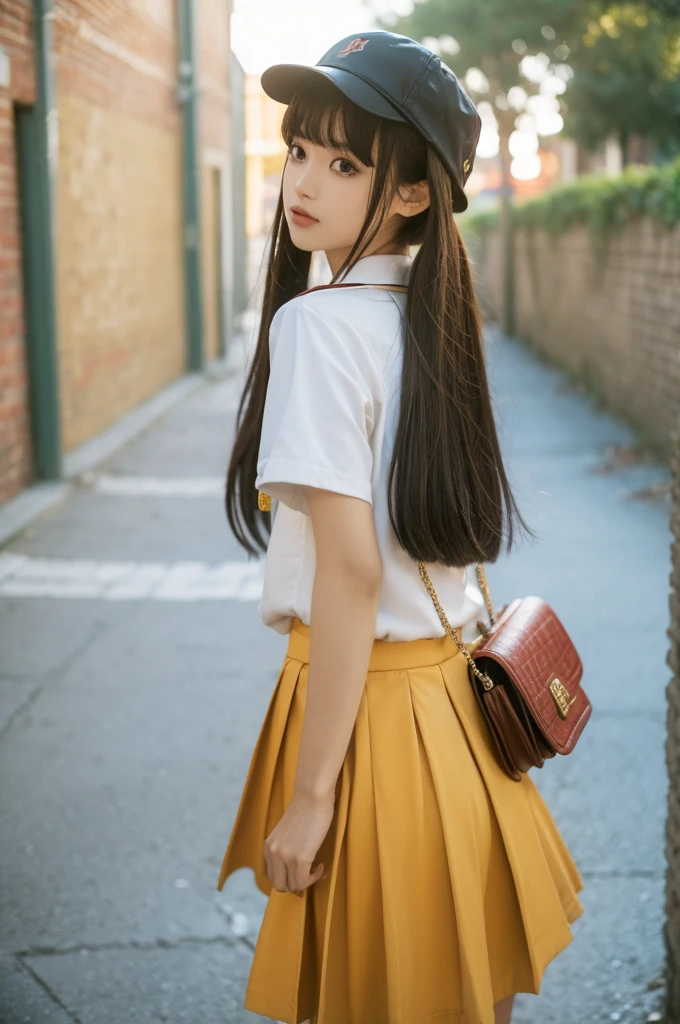 chunmomo,1girl,3d,asian,backpack,bag,bangs,bathroom,black eyes,black hair,blunt bangs,blurry,blurry background,blurry foreground,brick,brick floor,brick wall,brown eyes,brown hair,chain-link fence,closed mouth,clothes lift,cosplay photo,day,depth of field,fence,graffiti,hat,honeycomb \(pattern\),honeycomb background,lifted by self,lips,long hair,looking at viewer,nose,outdoors,pavement,photo \(medium\),photorealistic,realistic,school hat,shirt,short sleeves,silk,skirt,skirt hold,skirt lift,solo,spider web,stone floor,stone wall,tile floor,tile wall,tiles,twintails,upper body,wall,white shirt