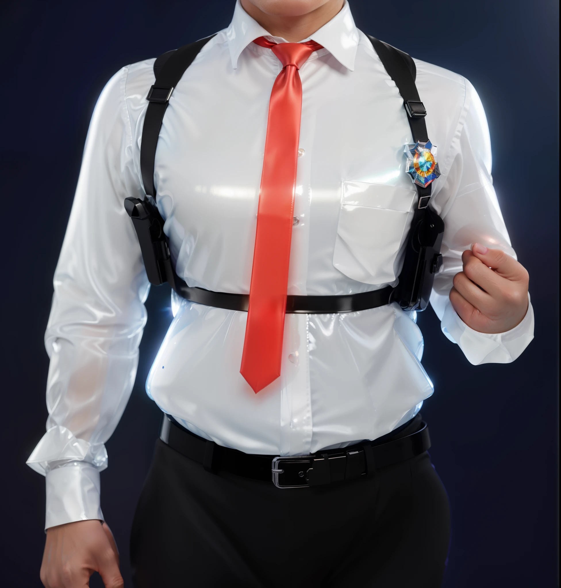 A man wearing a red tie, a bulletproof vest, and a police badge. glossy texture, smooth 3d model, multiple light sources, rim light, sharp post effects render, (glossy plastic texture with multiple big light probe refractions), perfect cgi, smooth silhouette, high intensity refraction, (super glossy material), most beautiful vfx, blue background, plastic refractions, realistic, 4k, high resolution, rim light, photo shoot, commercial photo, profile shot, 4k, rim light, high resolution, 4k, glossy texture, smooth 3d model, multiple light sources, rim light, sharp post effects render, (glossy metallic texture with multiple big light probe refractions), perfect cgi, cgi art created only with gradients, smooth silhouette, high intensity refraction, (super glossy chrome material), most beautiful vfx, blue background, chrome metal refractions, multiple light sources, rim light, sharp post effects render, perfect cgi, digital art, detailed digital art, reflective, best quality, 4k, masterpiece:1.2, ultra-detailed, realistic, vivid colors, dark and moody lighting, The image of the highest quality, ensuring every detail showcased perfectly. It in 4k resolution, allowing viewers to immerse themselves in the richness of the colors and intricate details. The realistic rendering. under the spotlight, reflecting, high-resolution image, realistic rendering, dark background, and rim light photorealistic