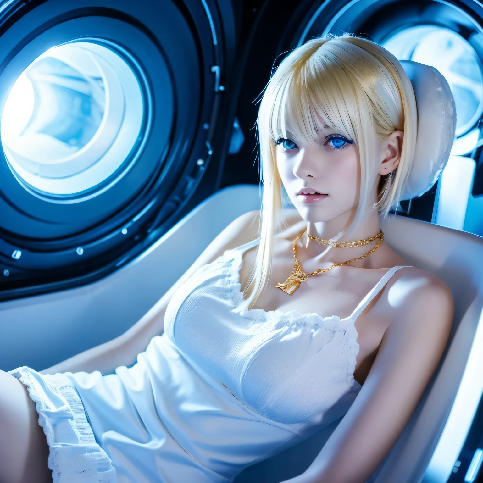Young blonde anime, Aesthetic body, dark blue eyes, Wearing white clothes with blue details, in a spaceship, With gold necklace