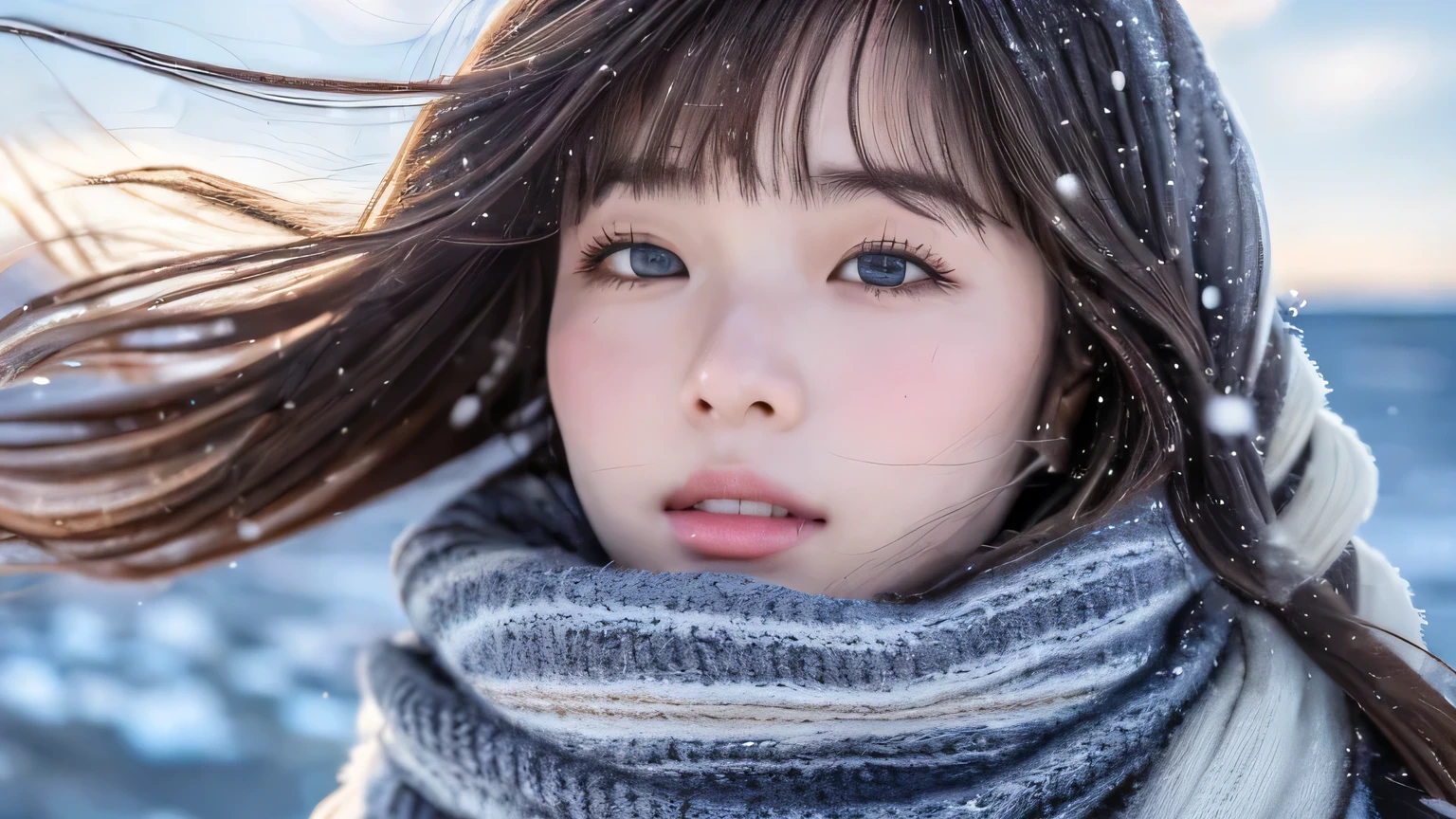 ((hair blowing in the wind、what makeup:1.2))、(realistic、photoreal、very detailed、most detailed skin、best quality、masterpiece、Ultra A high resolution)、cute russian girl、14 years、High school girls、young girl、1 girl、There are bangs、ash blonde:1.7、double eyelid、drooling eyes、japanese style face、purity、realistic skin type、thick muffler、gray muffler、fluffy hair、((there'hair in scarf:1.3))、red cheeks、The wind blows、that'that'It's snowing、night、light、light from behind、hair blowing in the wind、((Antarctic Continent、meteor shower、Aurora's worldview))