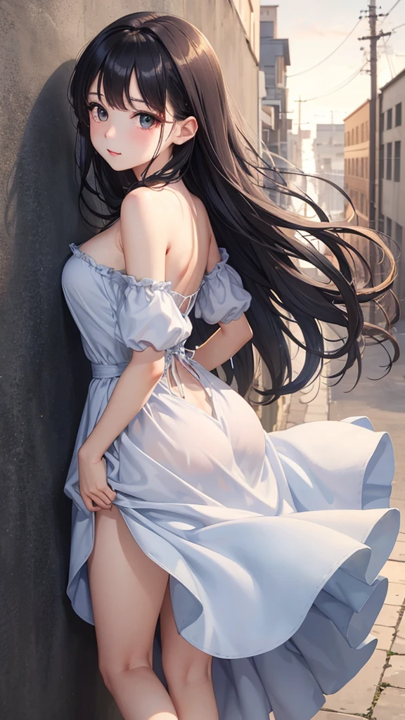 highest quality、4K quality、lean against the wall、Beautiful cleavage、Beautiful Style、tall、Small breasts、Bare buttocks、Small Ass、Shy face、20 year old princess、Bare shouldery skirt is blown up by the wind、ultra detail eye,Shooting from behind、Off-the-shoulder summer dress