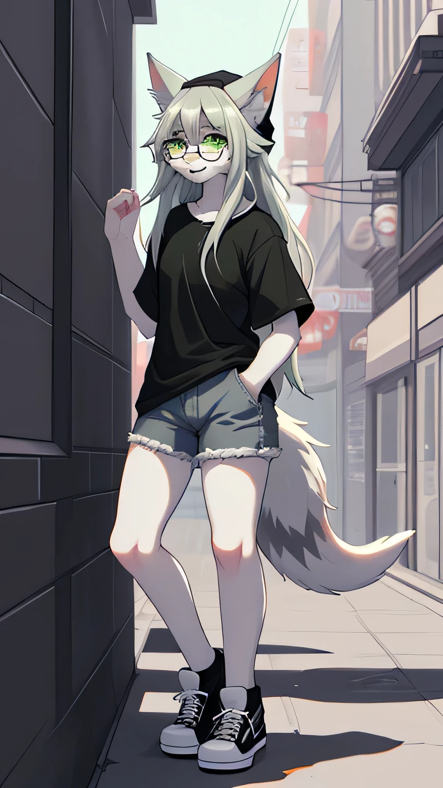 Solo:1.2, By claweddrip, by hyattlen, by fumiko, a cute female gray wolf, long hair, white green hair, green eyes, long white whiskers, cute gray tabby wolf ears, gray tabby wolf tail, tall, slender, wearing Jean shorts, absolute territory, scuffed black converse shoes, green shirt, hands in pockets, black beanie, large round clear glasses, high quality, fluffy ear tips, looking_away:1.3, leaning on a wall, in a vibrant city street, smiling, cat teeth, full body in frame