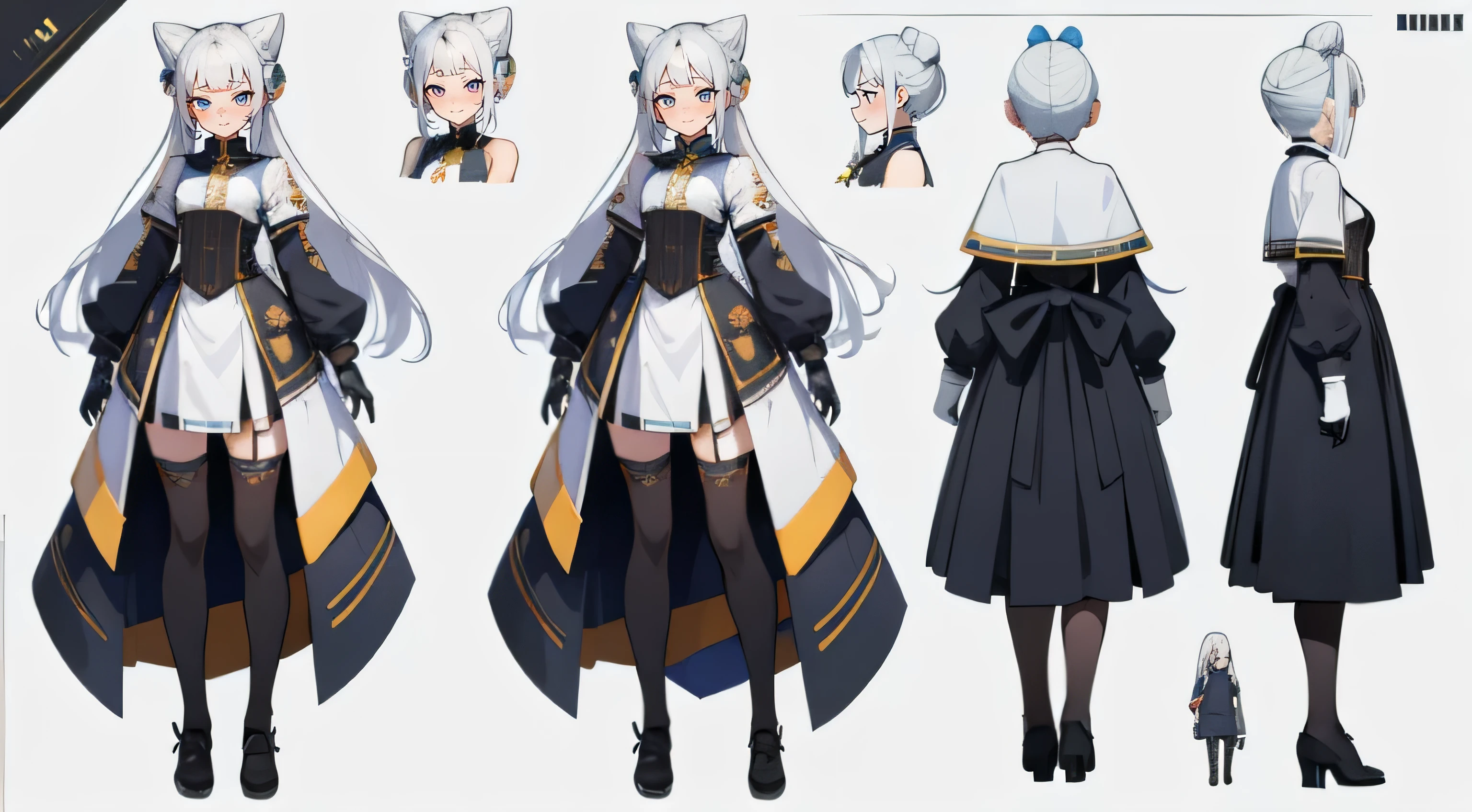 (masterpiece, highest quality)), Detailed face, Character Sheet, whole body, Full of details, Various poses and expressions, Very detailed, depth, Many parts, One girl, White Skirt, gloves, stockings, Long sleeve, White Hair, Space Buns Hair, Long Hair, Blunt bangs, Tsundere, smile