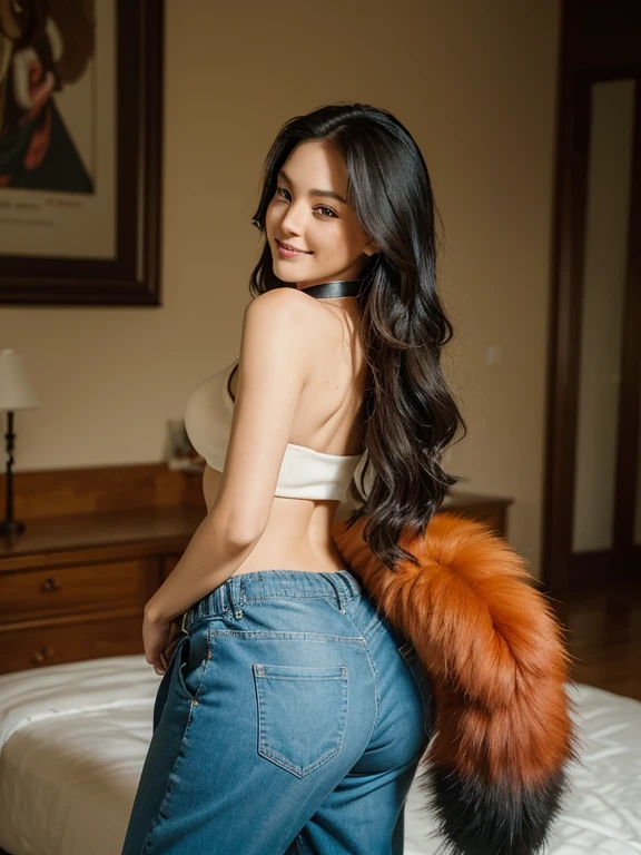 ((highest quality, 32k)), ((masterpiece)), (Familiar), Perfect Face, Fox Woman, Beautiful woman, public, She has a fluffy tail, She has a red fox&#39;s tail, She wags her tail, smile, Dog collar, She is wearing sexy pants, Beautiful Hips, Big Butt, Showing off a big tail, A tail sticks out from inside his pants