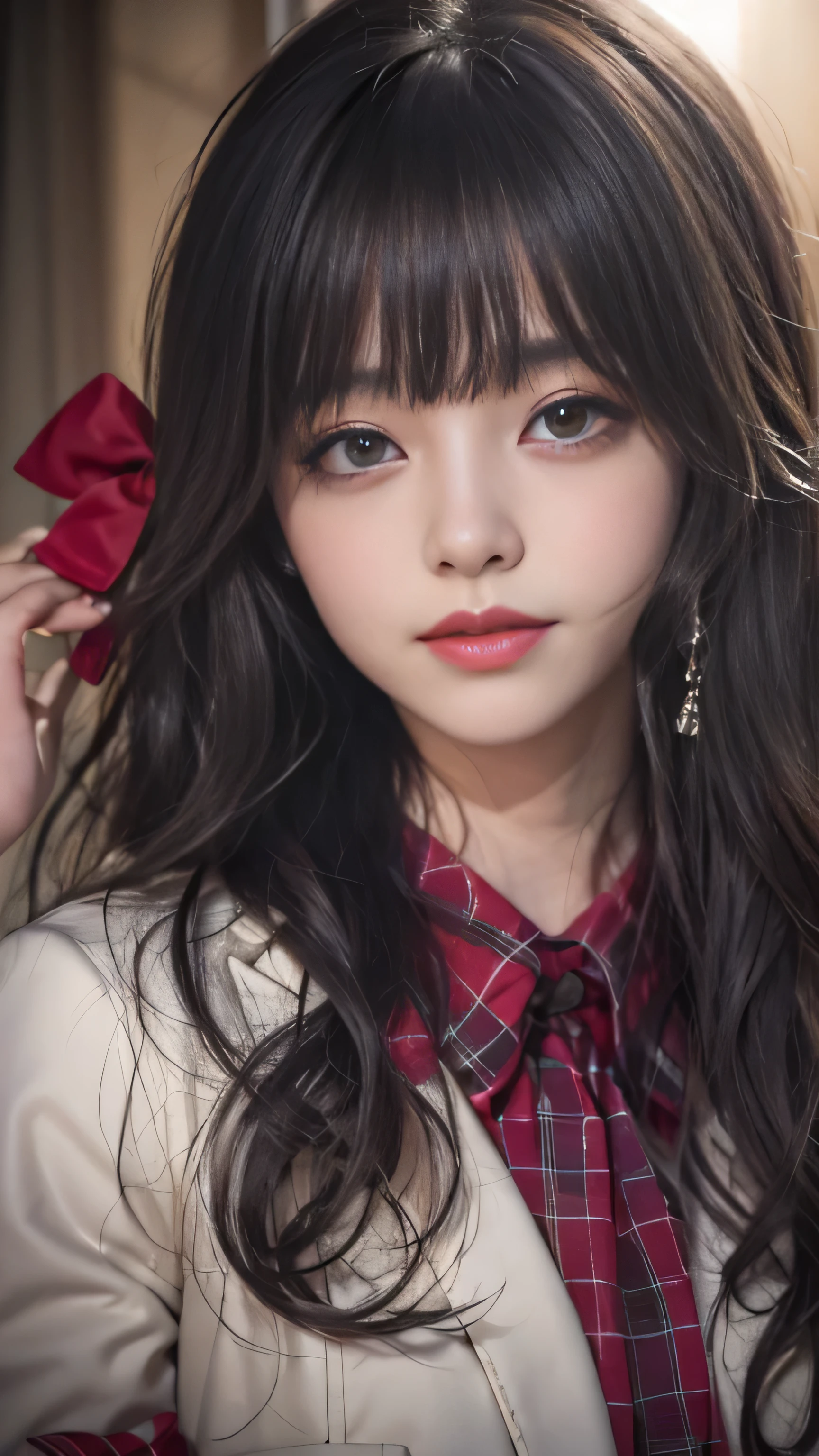 Realistic, High resolution, Soft Light,1 female, alone, jewelry, Current school classroom,Biggest eyes,Low chest, Long Hair、((color々hair with color))(Super realistic)、(Awareness-raising)、(High resolution)、(8k)、(very get used to it)、(Best illustrations)、(Beautiful and beautiful eyes)、(highest quality),(Detailed face)、alone、1 girl、Looking at the audience、Get used to it、Detailed face、In the dark night、Deep Shadow、secret key、Pure erotic face ace_、length、Black shawl straight hair、46 point diagonal bangs,Female student、(White Blazer、Chest Emblem)、Translucent white blouse、Red bow tie、( In bright colors,Plaid)、,8k, highest quality, 超High resolution, Tabletop, Realistic, Realistic, High Contrast, Photon Mapping, The real picture, smile