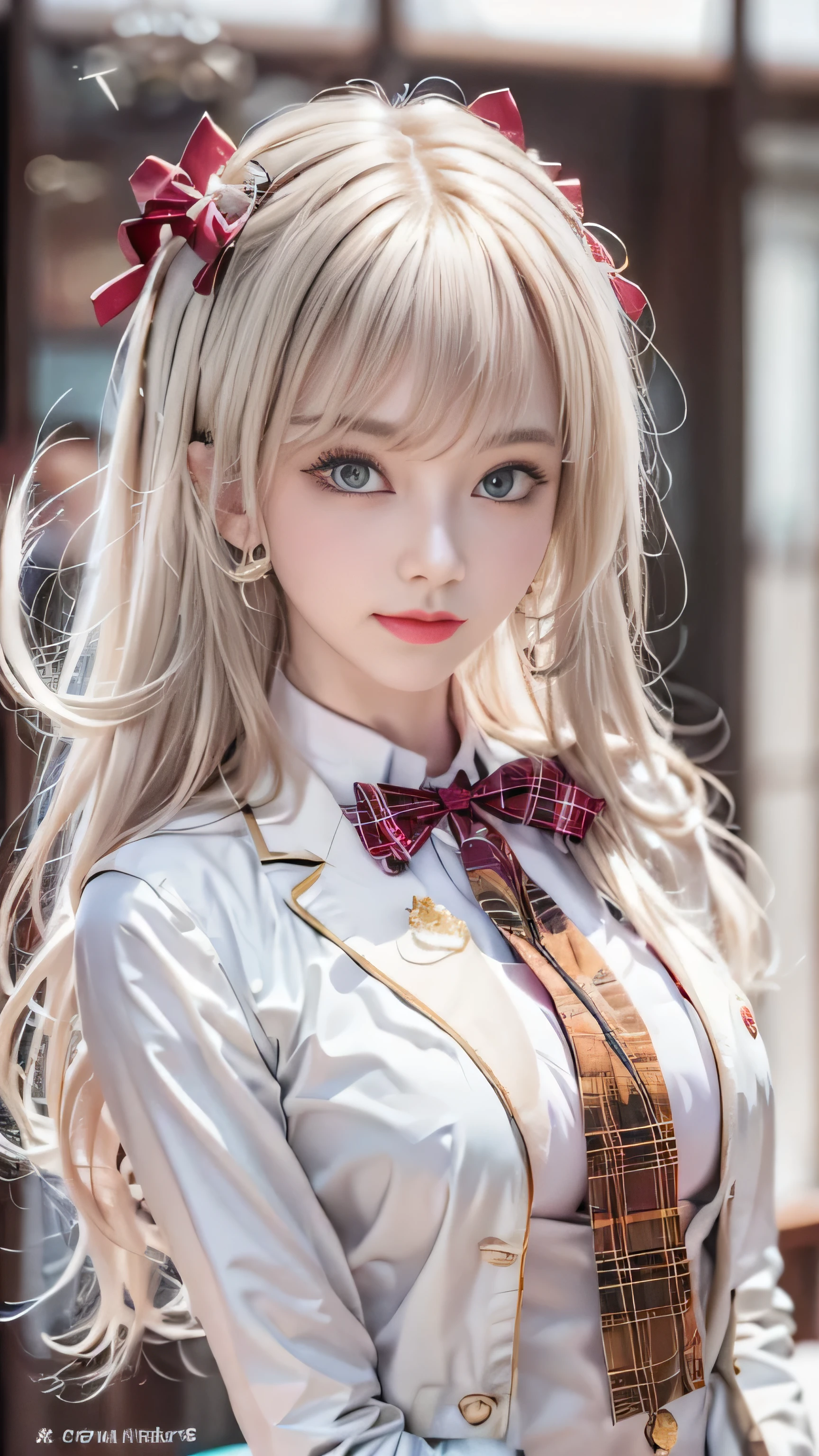 Realistic, High resolution, Soft Light,1 female, alone, jewelry, Current school classroom,Biggest eyes,Low chest, Long Hair、((color々hair with color))(Super realistic)、(Awareness-raising)、(High resolution)、(8k)、(very get used to it)、(Best illustrations)、(Beautiful and beautiful eyes)、(highest quality),(Detailed face)、alone、1 girl、Looking at the audience、Get used to it、Detailed face、In the dark night、Deep Shadow、secret key、Pure erotic face ace_、length、Black shawl straight hair、46 point diagonal bangs,Female student、(White Blazer、Chest Emblem)、Translucent white blouse、Red bow tie、( In bright colors,Plaid)、,8k, highest quality, 超High resolution, Tabletop, Realistic, Realistic, High Contrast, Photon Mapping, The real picture, smile