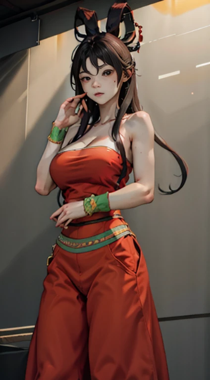 masterpiece, high resolution,Pretty Face,(masterpiece, top quality, best quality, official art, Beautiful and beautiful:1.2), (1 Girl:1.3), (Fractal Art:1.3), Solitary, xiuhuaxie, Bare shoulders, bare arm, Black Hair,  Large Breasts,Cleavage，bellyband， red Strapless  bellyband,Strapless ,Red wristband,(black eyes:1.3), clavicle,
 Looking at the audience,