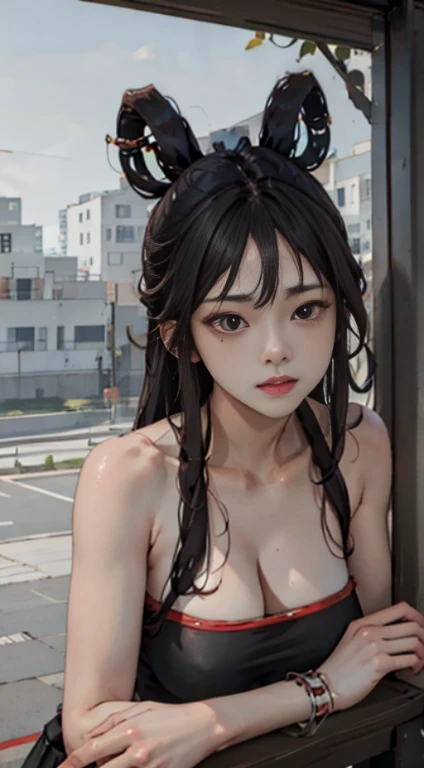 masterpiece, high resolution,Pretty Face,(masterpiece, top quality, best quality, official art, Beautiful and beautiful:1.2), (1 Girl:1.3), (Fractal Art:1.3), Solitary, xiuhuaxie, Bare shoulders, bare arm, Black Hair,  Large Breasts,Cleavage，bellyband， red Strapless  bellyband,Strapless ,Red wristband,(black eyes:1.3), clavicle,
 Looking at the audience,