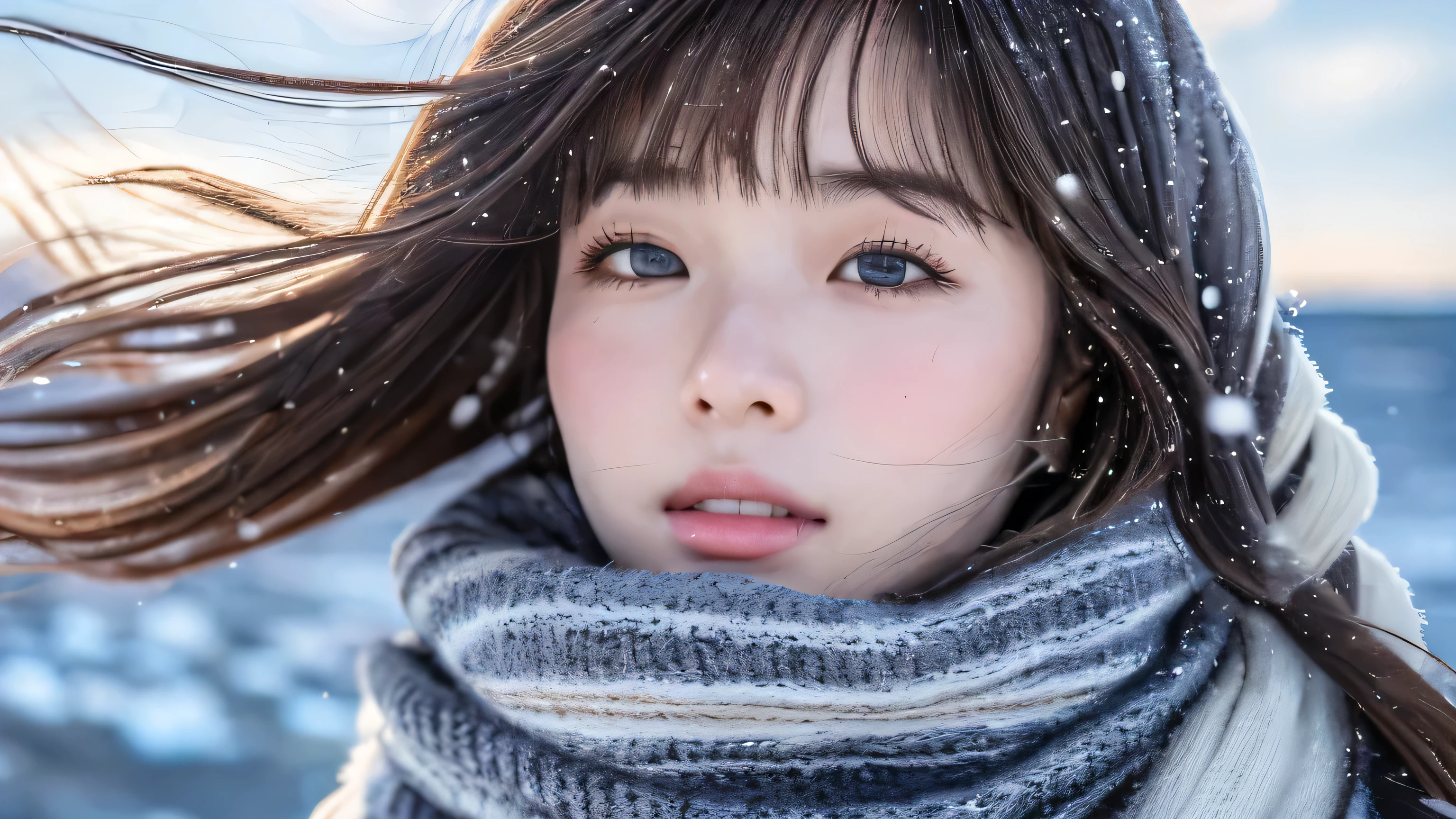 ((hair blowing in the wind、what makeup:1.2))、(realistic、photoreal、very detailed、most detailed skin、best quality、masterpiece、Ultra A high resolution)、cute russian girl、14 years、High school girls、young girl、1 girl、There are bangs、ash blonde:1.7、double eyelid、drooling eyes、japanese style face、purity、realistic skin type、thick muffler、gray muffler、fluffy hair、((there'hair in scarf:1.3))、red cheeks、The wind blows、that'that'It's snowing、night、light、light from behind、hair blowing in the wind、((Antarctic Continent、meteor shower、Aurora's worldview))