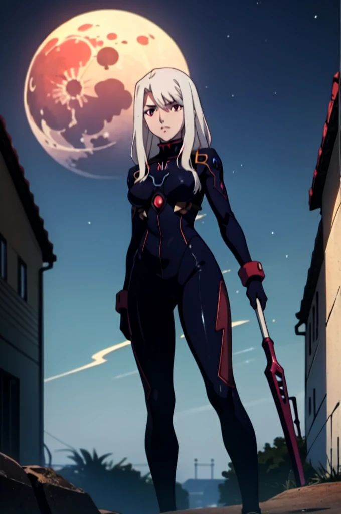  illyasviel_von_einzbern in the style of evangelion, shiny_skin, (clothe inspired by evangelion, aliens, gunbuster, gunnm, metal gear, death stranding), impossible_clothes, bodysuit, white & red bodysuit, suit, pilot suit, jumpsuit, plugsuit, armor, shiny_clothes, jacket, cybernetics suit, gloves, gainax anime style, studio gainax art, studio gainax illustration, inspired by Masamune Shirow, studio gainax, big breasts, two_side_up, full body, can't be this cute, girl on top, long_hair, white_hair, silver_hair, floating_hair, hair_between_eyes, asymmetrical hair, red_eyes, looking_at_viewer, outdoors, holding, holding_weapon, Spear of Longinus, cowboy_shot, background, glowing, moon, red, red moon, full_moon, moonlight, star_(sky), night, city, building, cityscape, science_fiction, ((mature female, mature, milf)), 