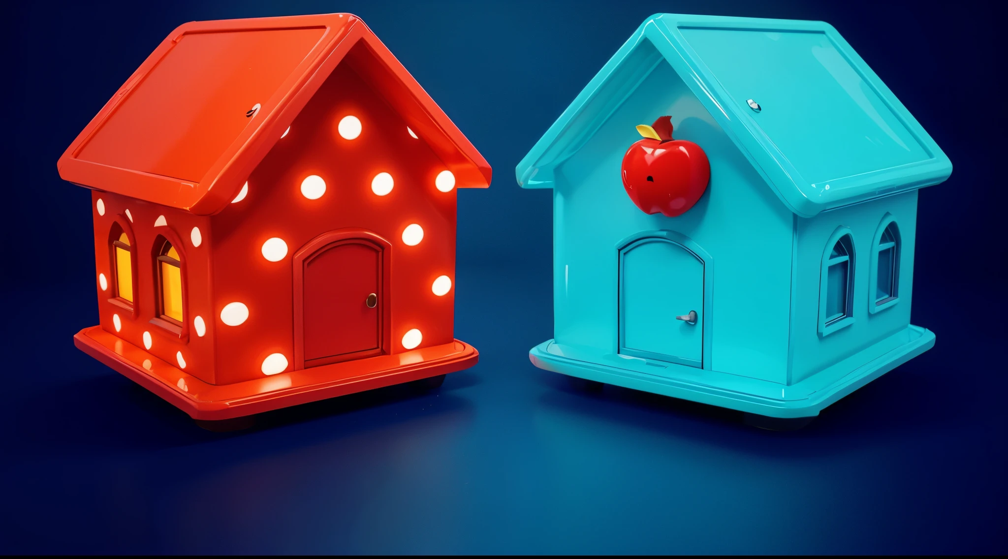 The image depicts two brightly colored houses, one red with white dots and the other blue. The image depicts a 3D character of a girl dressed in multicolored jester attire. She has a large red bow on her head, and her eyes are wide with surprise. She has her mouth open and appears to be pointing to the left. The background is a solid blue.Stylized 3D, chewing body, stylized character, 3D character, 3rd character A blue character with a hat, a sad face, and a yellow bow tie is standing in front of a door. It has two golden loops around its body. there is a blue-orange daddy long legs in a hat and a yellow rope, iconic character with high detail, 3 d illustration, 3d illustration, stylized digital illustration, art of mobile games, in the elevator, Digital illustration -, Game illustration, mobile game background, 2d digital illustration, evil. Bright colors. Cute, blue daddy long legs toy, glossy texture, smooth 3d model, A character head, wearing a pink dress and a crown, 3D icon for mobile game, cartoon key frame rendering, Cute 3D рендеринг, Friendly cat, zbrush color rendering. perfect cgi, cgi art created only with gradients, smooth silhouette, high intensity refraction, (plastic material), most beautiful vfx, blue background, plastic refractions, pink mommy long legs toy, smooth 3d model, multiple light sources, rim light, sharp post effects render, (gplastic texture with multiple big light probe refractions), perfect cgi, cgi art created only with gradients, smooth silhouette, high intensity refraction, (plastic material), most beautiful vfx, blue background, plastic refractionsмультяшная Young woman в красной юбке и синей рубашке, Чаки style, animated character, dancing character, 3rd character render, April render, 3rd character art, 3rd character, 3D character, cartoon character, Young woman, 3D rendering of characters 8k, Tuni, 3D rendering stylized