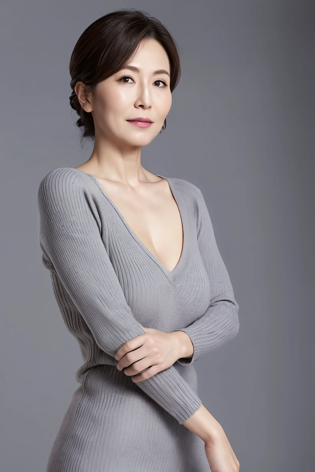 High resolution, high resolution, Attention to detail, masterpiece, Rough skin, Anatomically correct, sharp, Gray background((japanese milf, 90 years old)), alone, ((Facial wrinkles)), Ample breasts, Cleavage、 ((ponytail、Updo, short hair)),, Chubby body type (((Stand upright, Facing the center of the screen.))), Close your mouth and look ahead with a serious face, Grey tight dress,Wearing a V-neck dress,sweater, skirt, ((Cowboy Shot)),