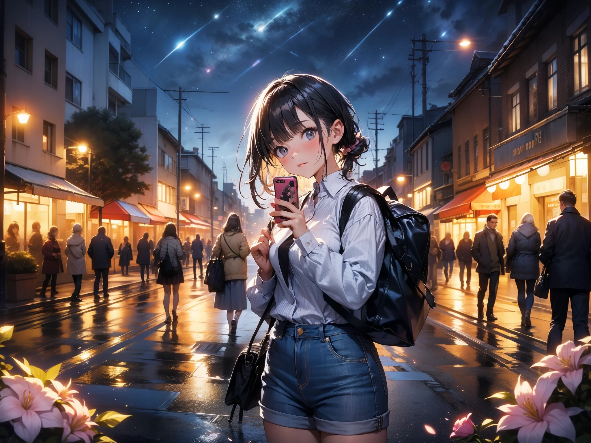 Beautiful woman, Street lights at night, Playing with smartphone, hot pants, Fragrant pink flowers, passers-by, night scene gradient, Fine details, Subtle tones, There is a sense of tranquility in the picture.  