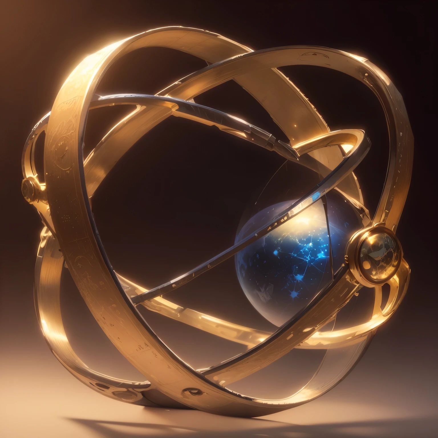 A metal structure、Glass top clock, Astrolabe, orrery, Gyro, inter dimensional clock, ball of time, Armillary sphere ring jewelry, Gorgeous gold-plated cosmic machine, Kaladesh concept art. Mechanical, Rendering Art, astral clock, clock, alchemy concept, Loop 3D rendering, Fantasy game spell symbols