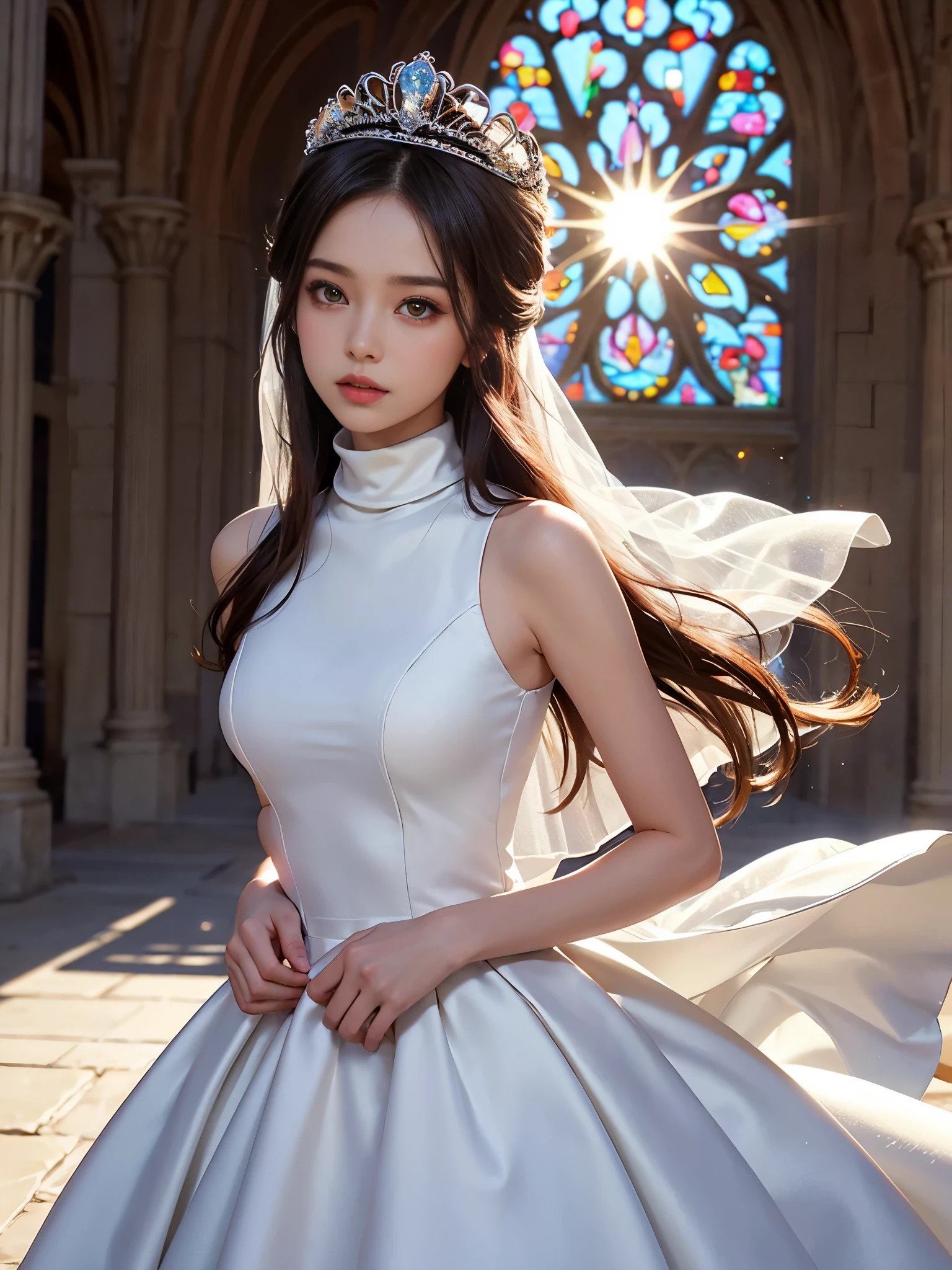 best quality, masterpiece, 1 girl, yak, cute , shiny lips, sweet, sun glare, Conservative attire, turtleneck wedding dress, Bridal tiara, depth of field, blurred background, Cathedral Background, light particles, strong wind, long hair, head tilt