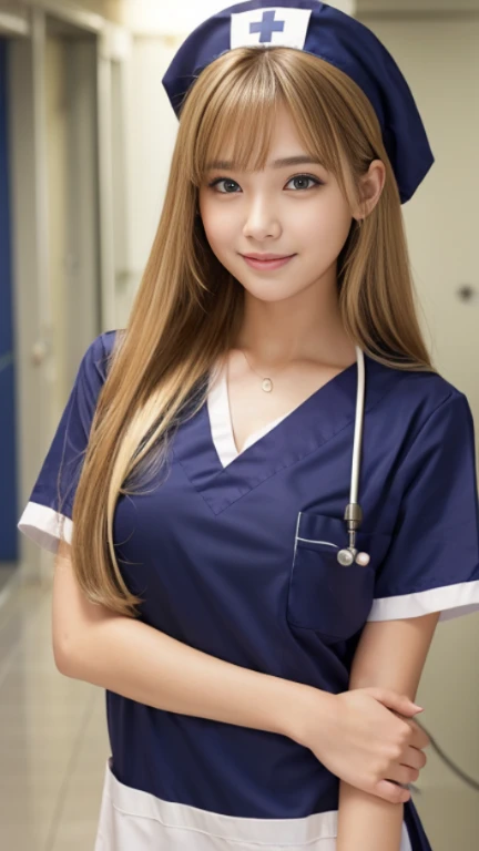 (Medium Chest)、Sexy cute looks and cute 15 year old beautiful girl, Beautiful and sexy face、A strong wind blows my hair in front of my face、Beautiful blonde with cute long straight hair, Sexy eyes hidden behind long bangs,slightly dark skin, height: 156cm,troubled eyes,((Slightly droopy eyes)),(((whole body))),((nurse)),(Navy blue nurse clothes),Cute smile,Hospital corridor
