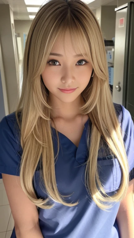 (Medium Chest)、Sexy cute looks and cute beautiful girl, Beautiful and sexy face、A strong wind blows my hair in front of my face、Beautiful blonde with cute long straight hair, Sexy eyes hidden behind long bangs,slightly dark skin, height: 156cm,troubled eyes,((Slightly droopy eyes)),(((whole body))),((nurse)),(Navy blue nurse clothes),Cute smile,Hospital corridor