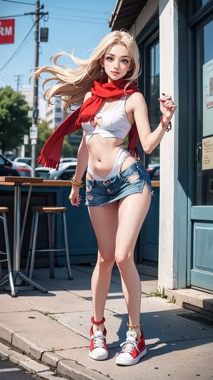 ((最high quality, 8K, masterpiece: 1.3, Ultra HD, high quality, 最high quality, High resolution, realism)) 、25-year-old Caucasian female、Platinum Blonde、blue eyes、long hair、smile、slender、A voluptuous, feminine body、I want my head to stay off screen、手首にアクセサリーapply、Wearing red nail polish、I have a peticure、anklet((anklet))apply、Front cutout((front cutout))Wear a top from、Wear a low-rise miniskirt、Wear sneakers、smile、wrap a scarf around your neck、scarf dancing in the wind、I'm at an ice cream shop popular with young people.