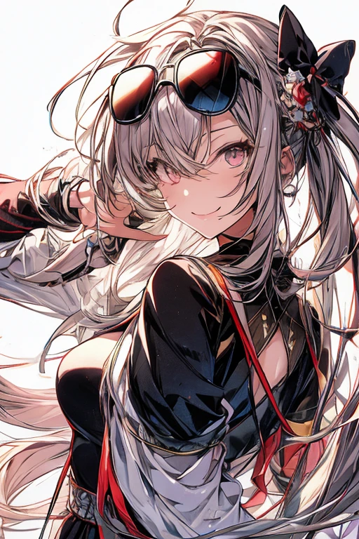 anime girl risque outfit yet cover skin, posing for photoshoot, masterpiece, best quality, high quality, wearing sunglasses near nose, one eye open, smiling