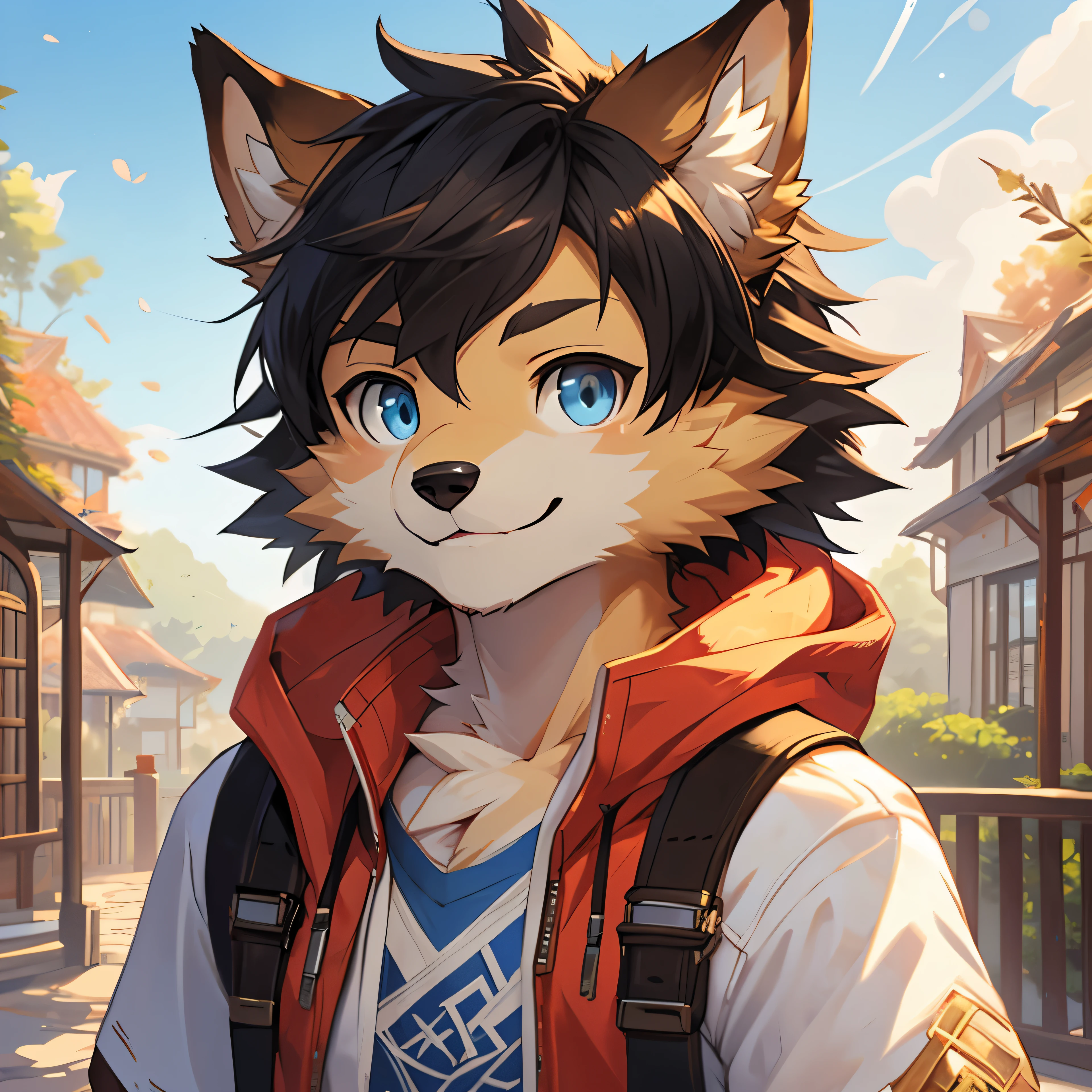 On e621, High resolution, 8k, Masterpiece, Official art, Cygames, Shadowverse, Ultra details, Art by Meesh, Art by DASAGI, Art by Chunie, Art by Personalami, portrait, face focus, kemono, solo, ((antro)), male, Golden Retriever, Dog, canid, canine, fluffy fur, golden fur, Black hair, White messy hair, Short hair, Young, ??? boy, Look at viewer, Detailed fur, Light blue eyes, Detailed eyes, Detailed hair, Smiling, T-shirt with White jacket, Cheerful, Day time, Outdoor, Clear sky,