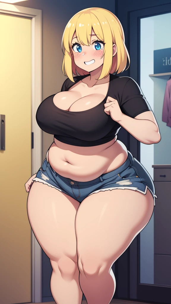 ((highres)), Masterpiece, high quality, best quality, beautiful, perfect lighting, detailed face, ultra cute face, ((1girl)), ((solo)), ((blush)), embarrassment, blonde hair, fluffy hair, blue eyes, crop top and shorts, tight clothes, clothes store, medium breasts, cleavage, perky breasts, (wide hips), ((thick thighs)), (chubby), fat folds, belly hang, standing next to each other, hand grabbing belly, smiling