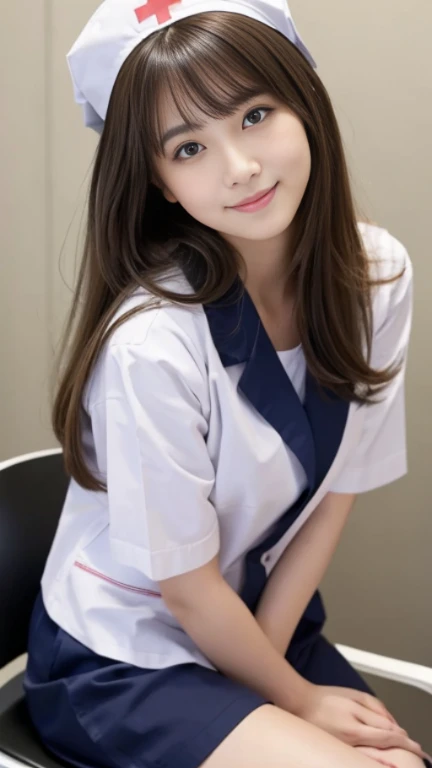(Medium Chest)、Sexy cute looks and cute 15 year old beautiful girl, Beautiful and sexy face、A strong wind blows my hair in front of my face、Beautiful blonde with cute long straight hair, Sexy eyes hidden behind long bangs,slightly dark skin, height: 156cm,troubled eyes,((Slightly droopy eyes)),(((whole body))),((nurse)),(Navy blue nurse clothes),Cute smile,sit in a chair in the examination room,leaning forward