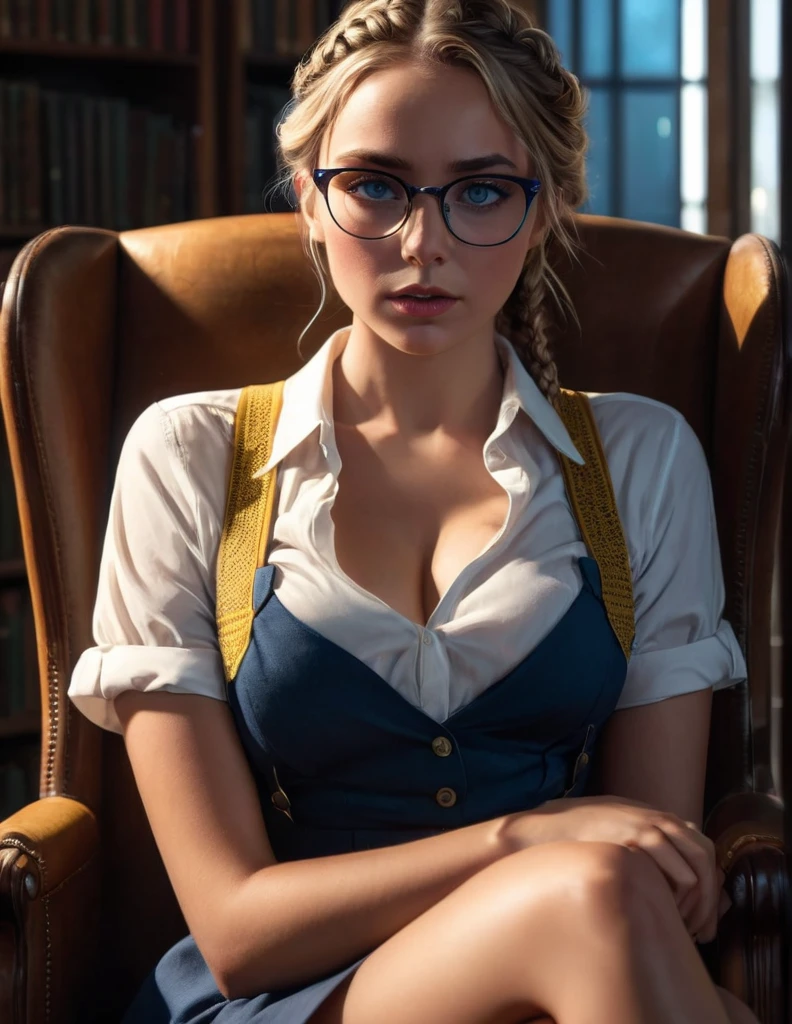 Alone, 1 girl[Gal Gadot:Maude Adams:0.4], artwork, Best quality, extremely detailed, cinematic lighting, intricate detail, high resolution, official art, beautiful face and finely detailed eyes, high resolution illustration, 8k, Intense dark shadows, overexposure, [blonde hair/ brown hair], single braid, blue eyes, glasses, presumptuous, sitting on chair, torso, mesmerizing little bit saggy breasts, white shirts, yellow suspenders, book_pile, library, ((vine)), pink, looking at viewer excitedly