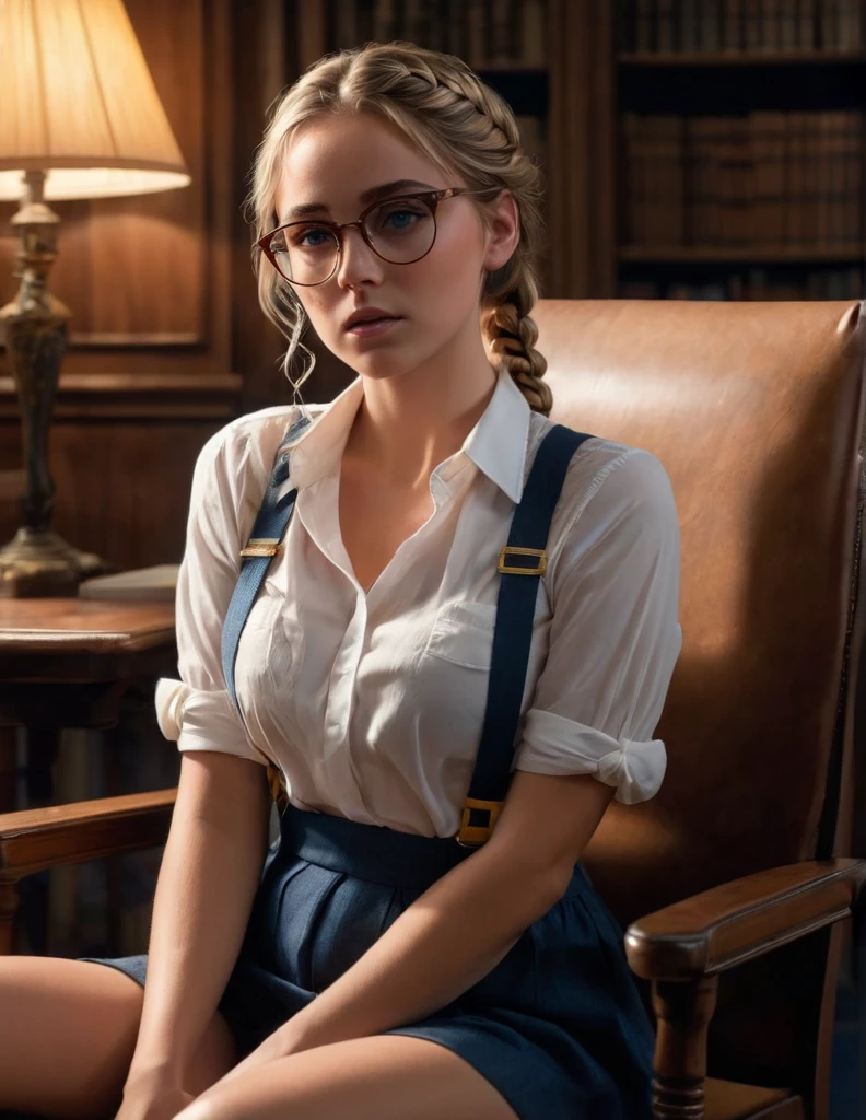 Alone, 1 girl[Gal Gadot:Maude Adams:0.4], artwork, Best quality, extremely detailed, cinematic lighting, intricate detail, high resolution, official art, beautiful face and finely detailed eyes, high resolution illustration, 8k, Intense dark shadows, overexposure, [blonde hair/ brown hair], single braid, blue eyes, glasses, presumptuous, sitting on chair, torso, mesmerizing little bit saggy breasts, white shirts, yellow suspenders, book_pile, library, ((vine)), pink, looking at viewer excitedly