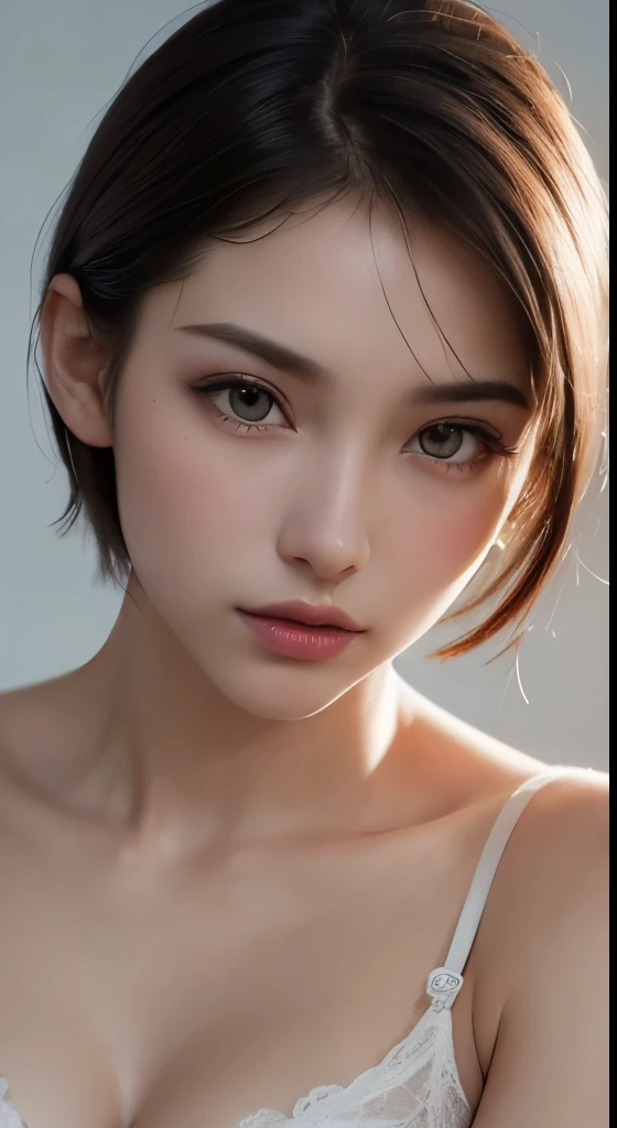 8k uhd、RAWphotograph、モデルphotograph撮影、 (masterpiece, highest quality, Photorealistic, High resolution, photograph: 1.3), Close-up, Focusing, Hot Model, slim, 30 year old mature woman、Small face、Short Hair、Dark Brown Hair、Detailed beautiful eyes、Realな肌, (perfect body), Sexy hot face, Erotic, sexual gaze, slim, Detailed beautiful eyes、glossy lips、Small breasts、Small breasts、Small breasts、Bust B cup、((bright light、Dynamic lighting、Real、超Real、 realism、Realistic details、Cool Beauty、Sexy pose、cool pose、Sexy Costumes、Background gray、Plain gray background