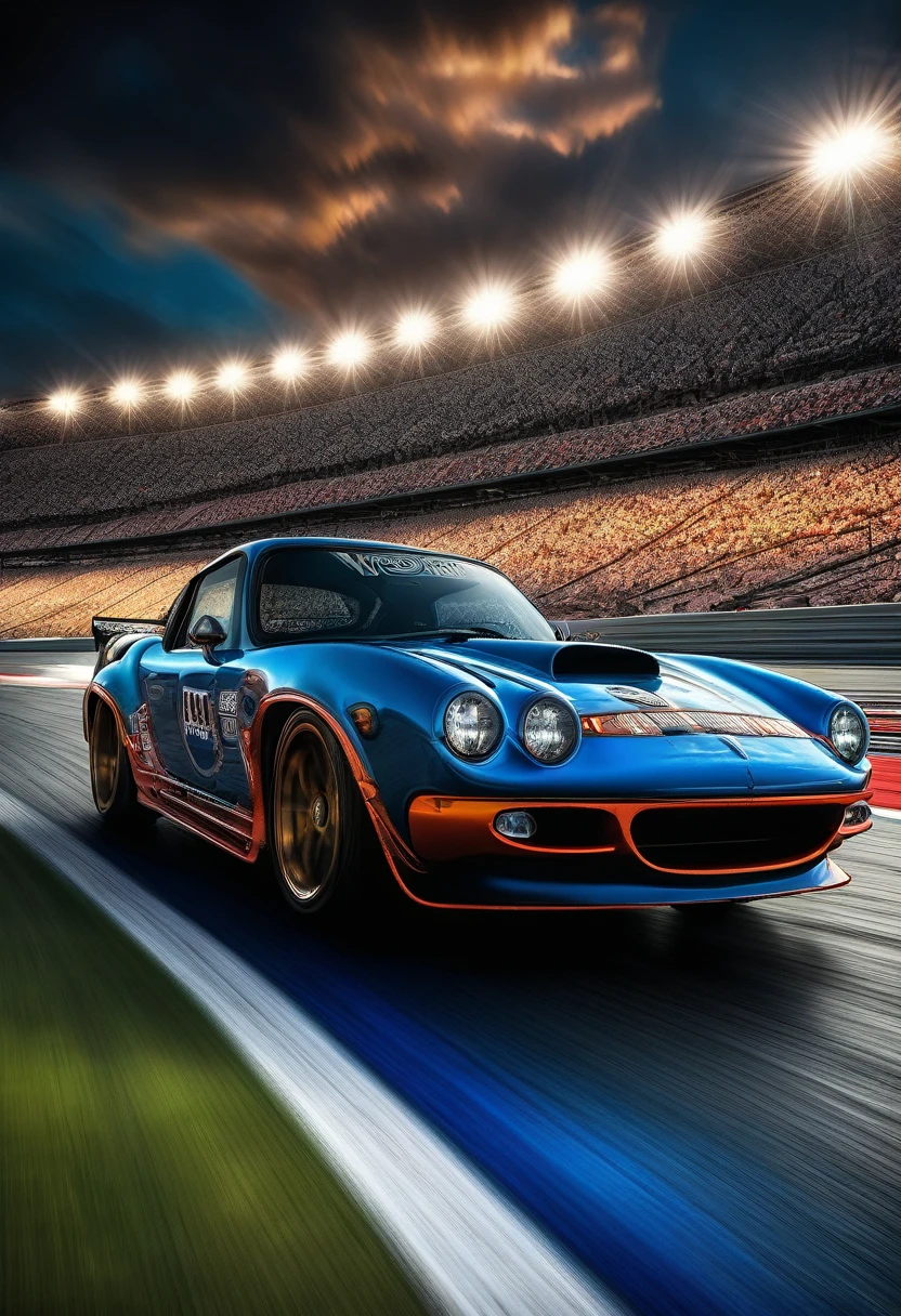 (Motion Blur:1.5), 1car, thrilling starting line drag race at the car race track, thunderclouds, dramatic detailed clouds, meticulously hyperdetailed fantasy photo with breathtaking intricate details, by WETA FX and industrial light and magic, intricate elaborate RTX enhanced CGI render